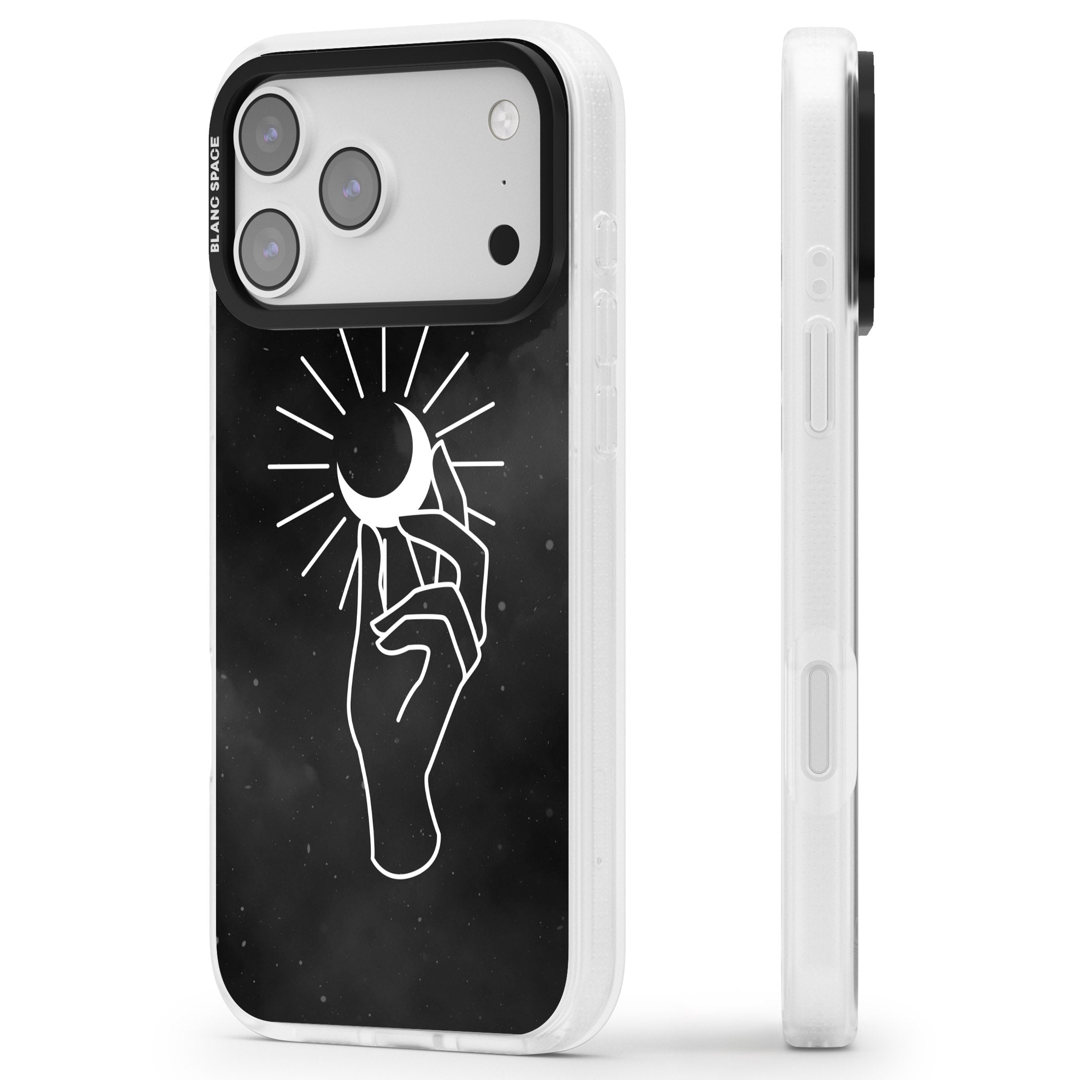 Hand Holding Celestial Moon iPhone 17 Pro Impact Air Clear Phone Case Side Profile