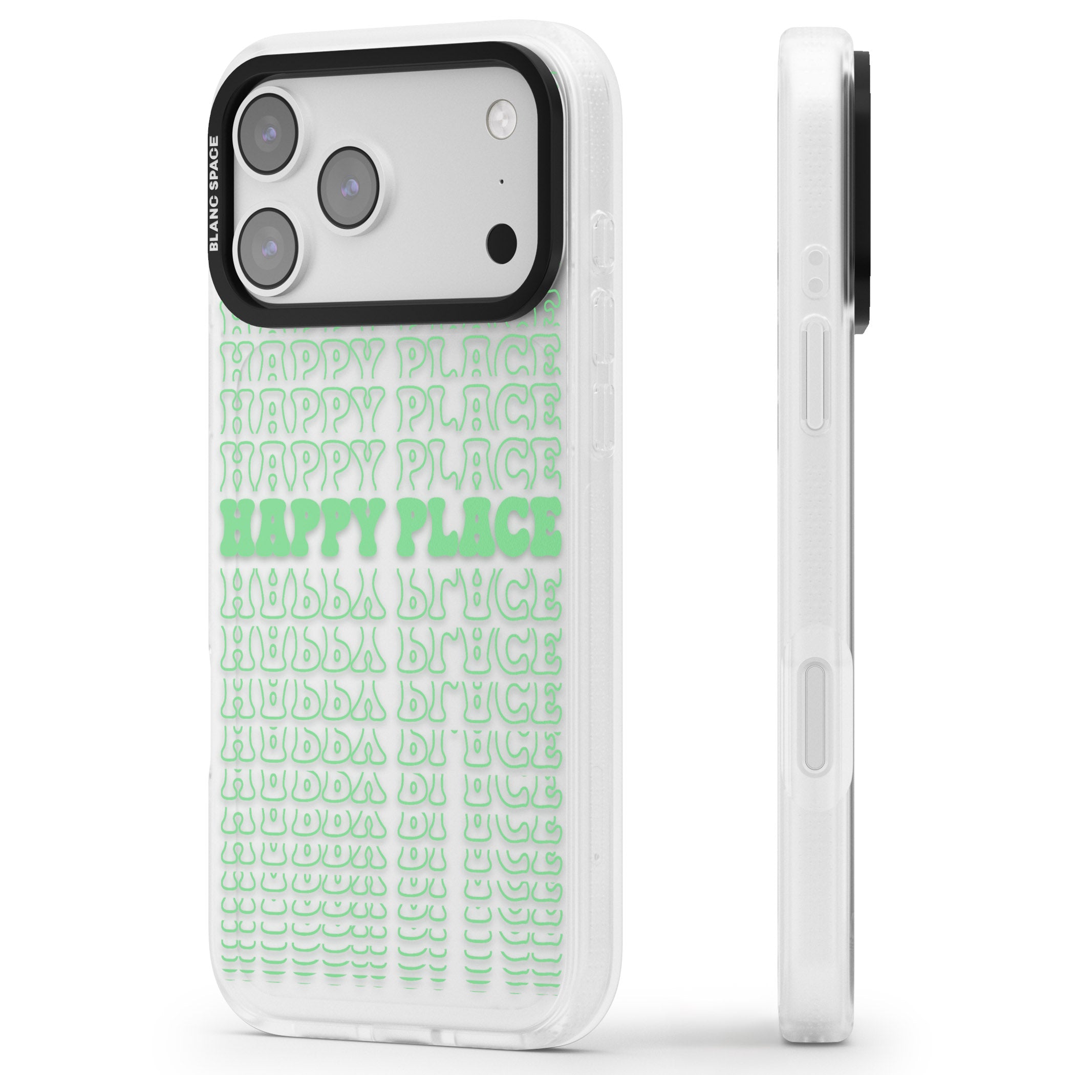 Happy Place (Green) iPhone 17 Pro Max Impact Air Clear Phone Case Side Profile