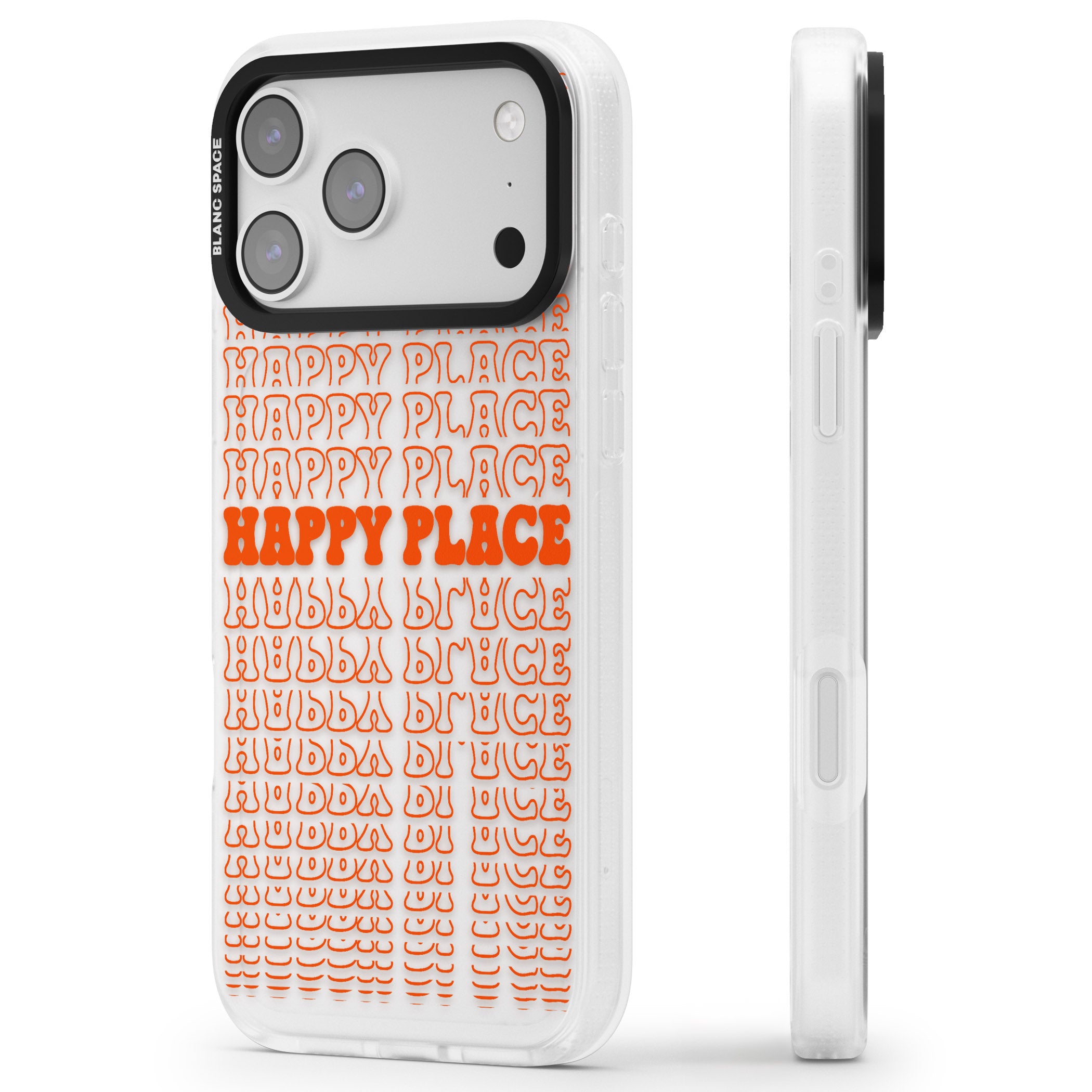 Happy Place (Orange) iPhone 17 Pro Max Impact Air Clear Phone Case Side Profile