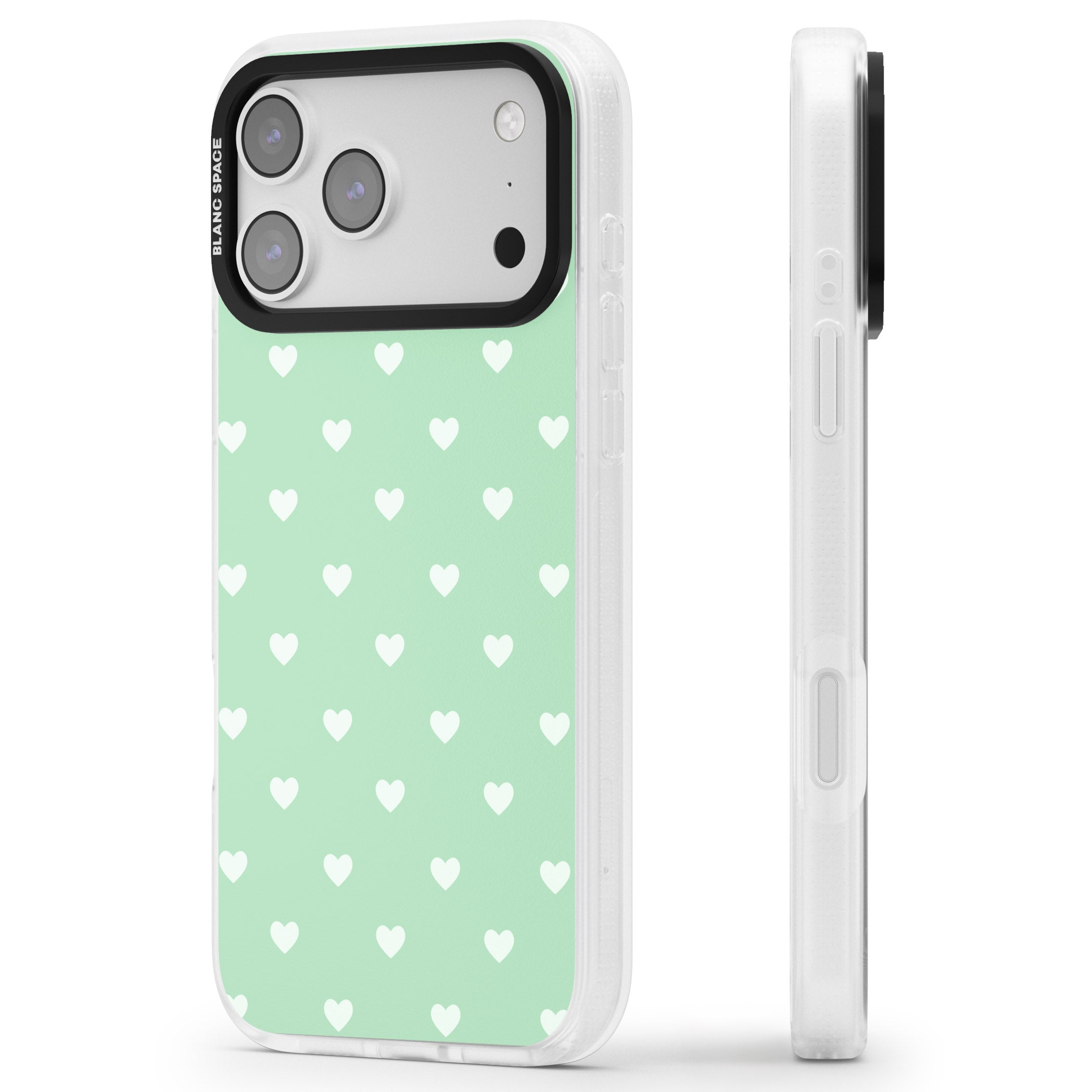 Small Heart Pattern: Green iPhone 17 Pro Impact Air Clear Phone Case Side Profile