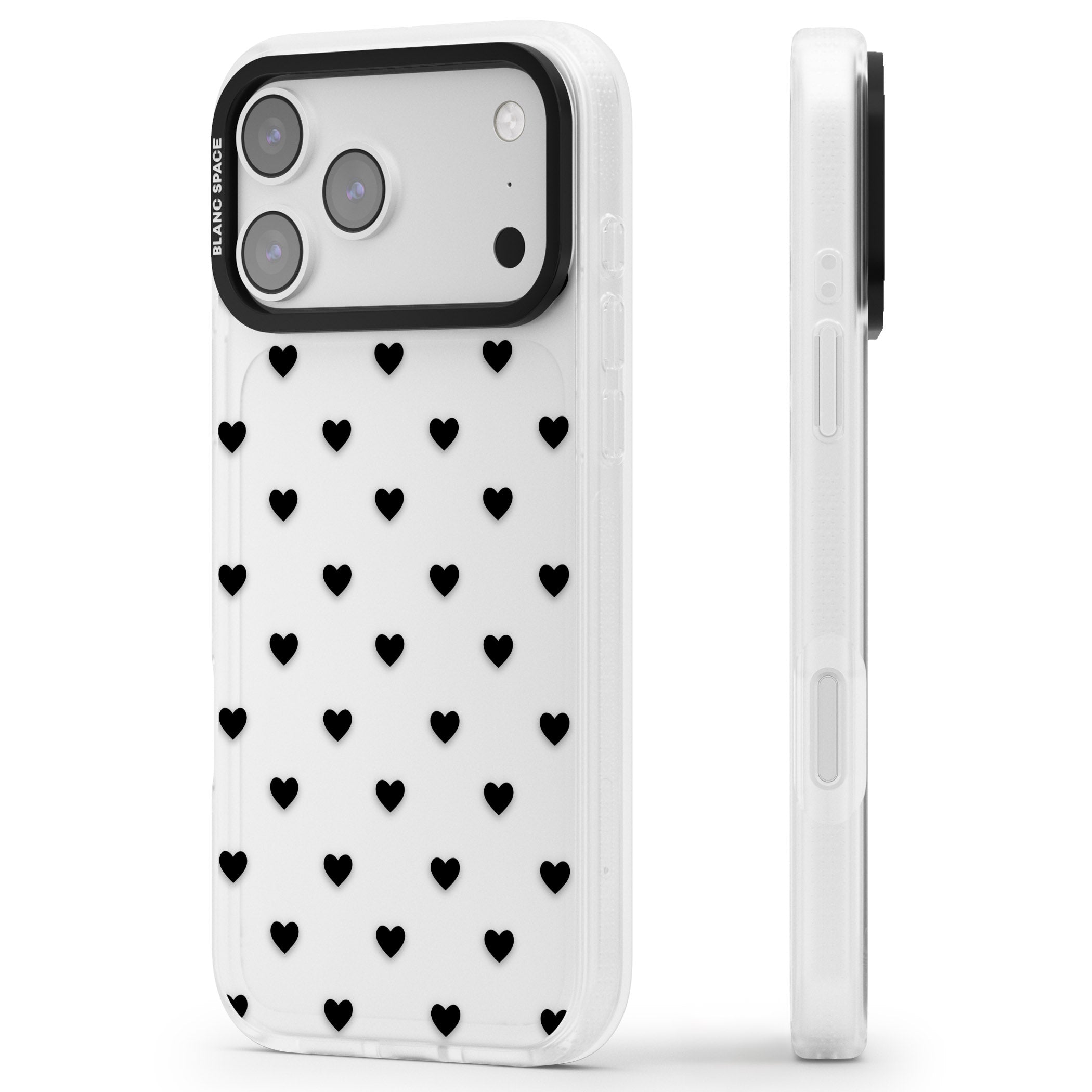 Small Heart Pattern: White & iPhone 17 Pro Max Impact Air Clear Phone Case Side Profile