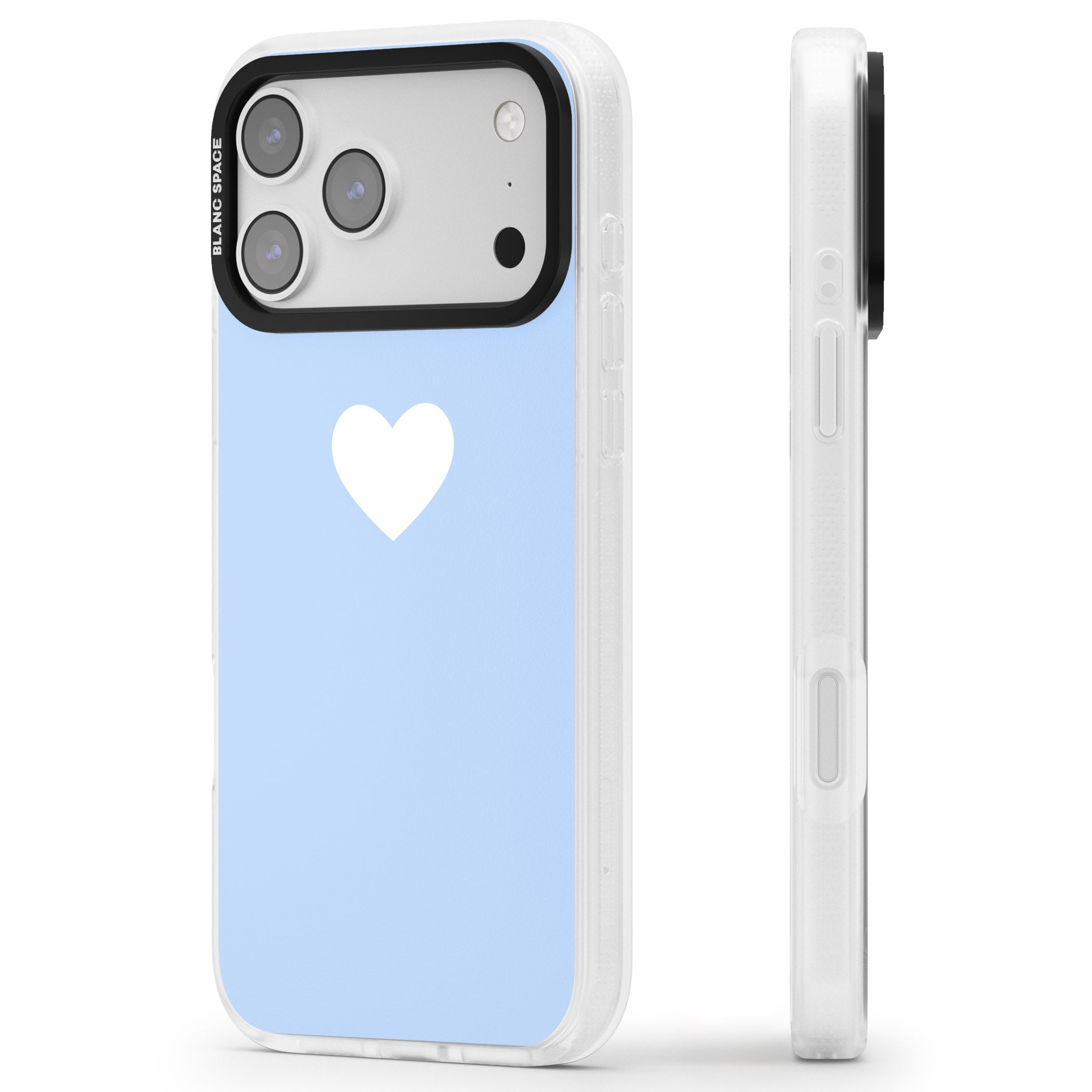 Single Heart Design: White & Baby Blue iPhone 17 Pro Max Impact Air Clear Phone Case Side Profile