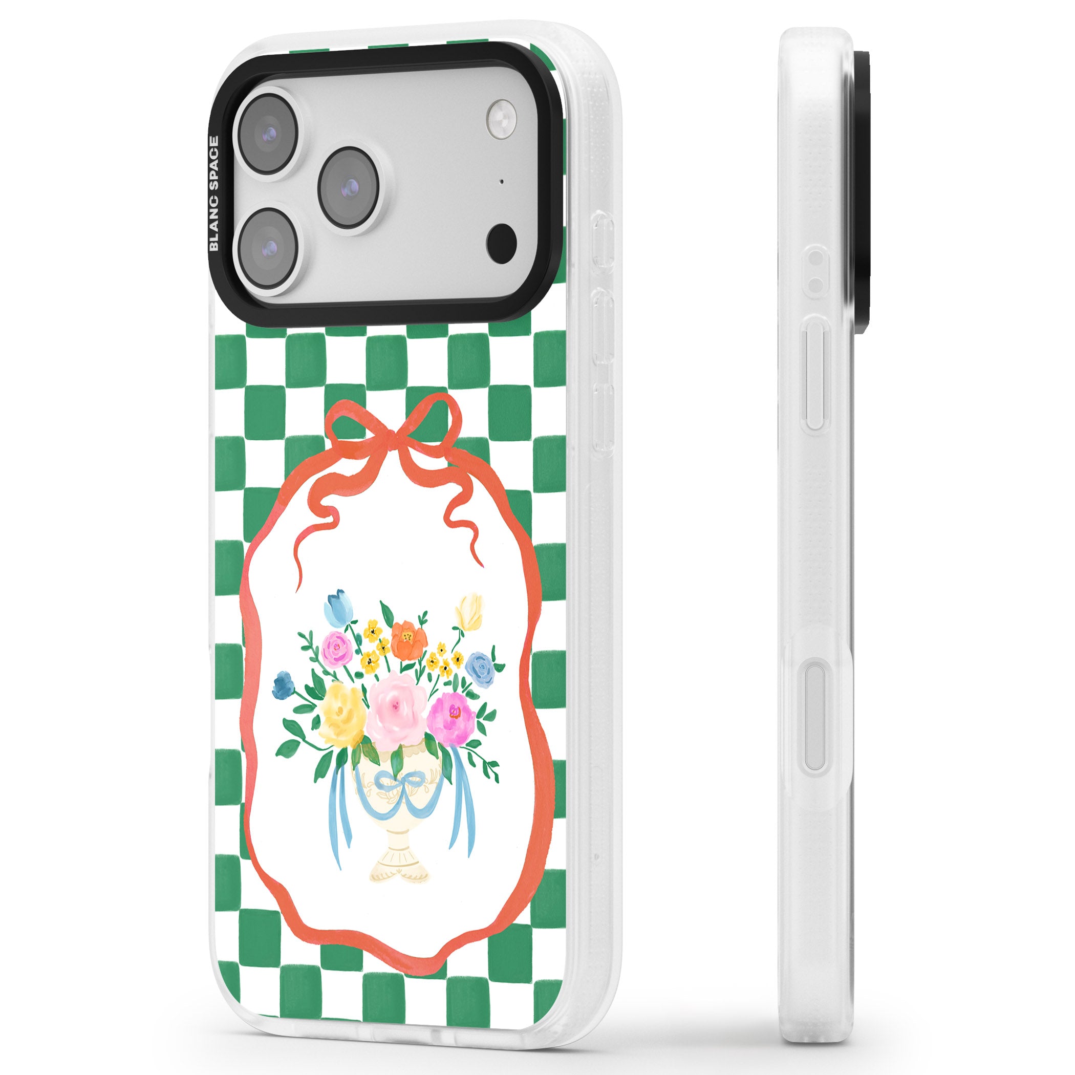 Green Checked Bouquet iPhone 17 Pro Impact Air Clear Phone Case Side Profile