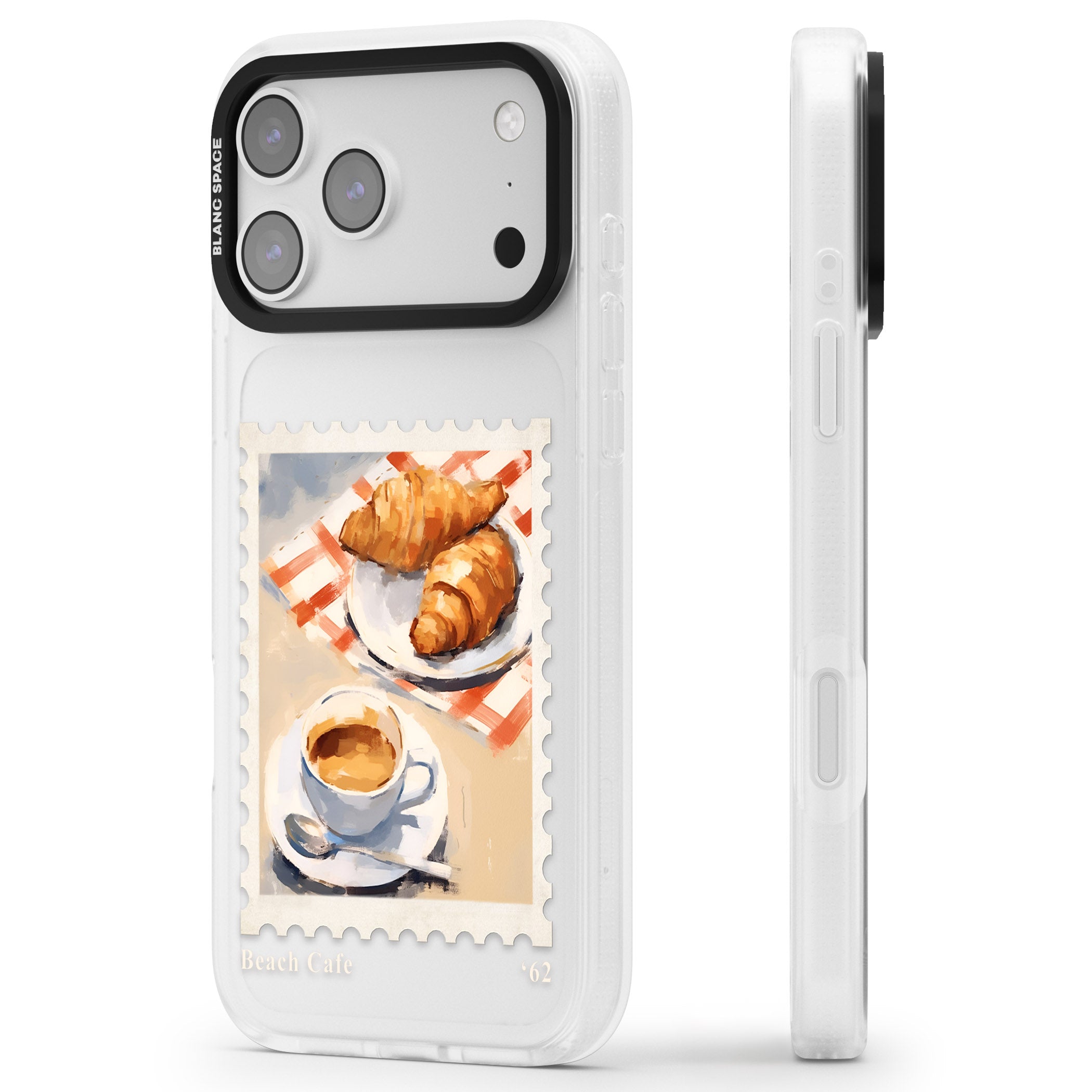 Cafe Stamp iPhone 17 Pro Max Impact Air Clear Phone Case Side Profile