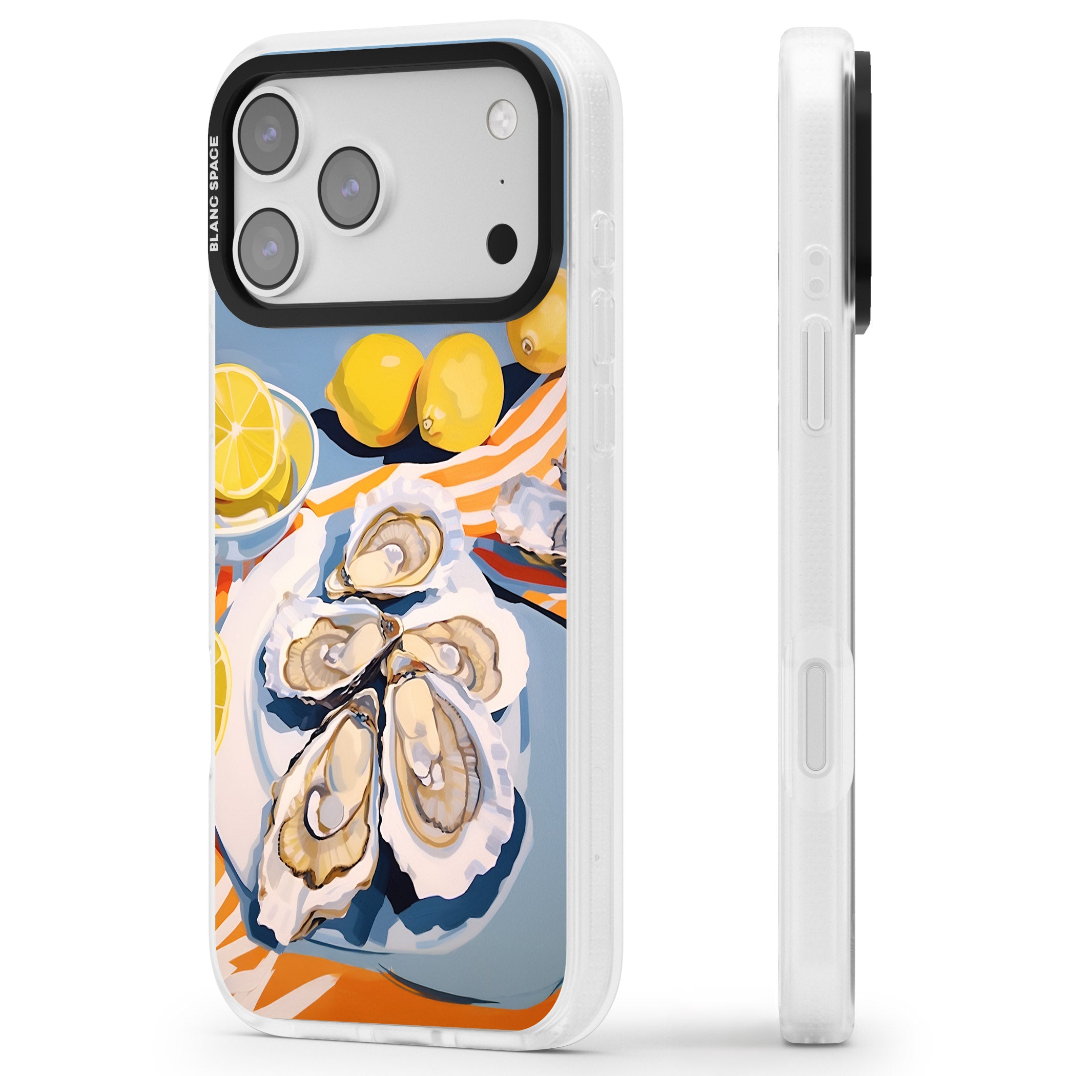 Fresh Oysters & Lemons iPhone 17 Pro Max Impact Air Clear Phone Case Side Profile