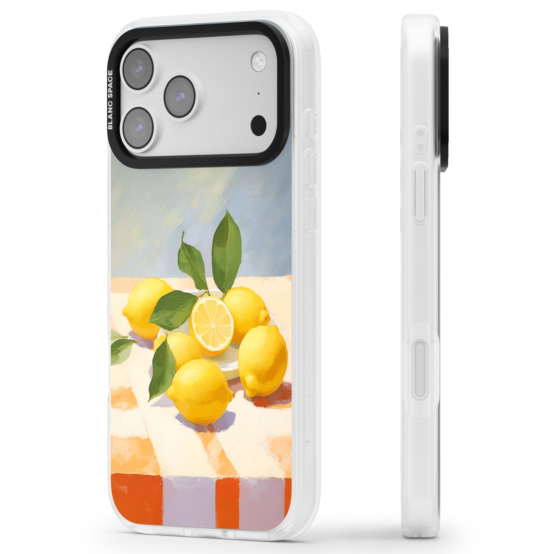 Lemons on Checkered Cloth iPhone 17 Pro Max Impact Air Clear Phone Case Side Profile
