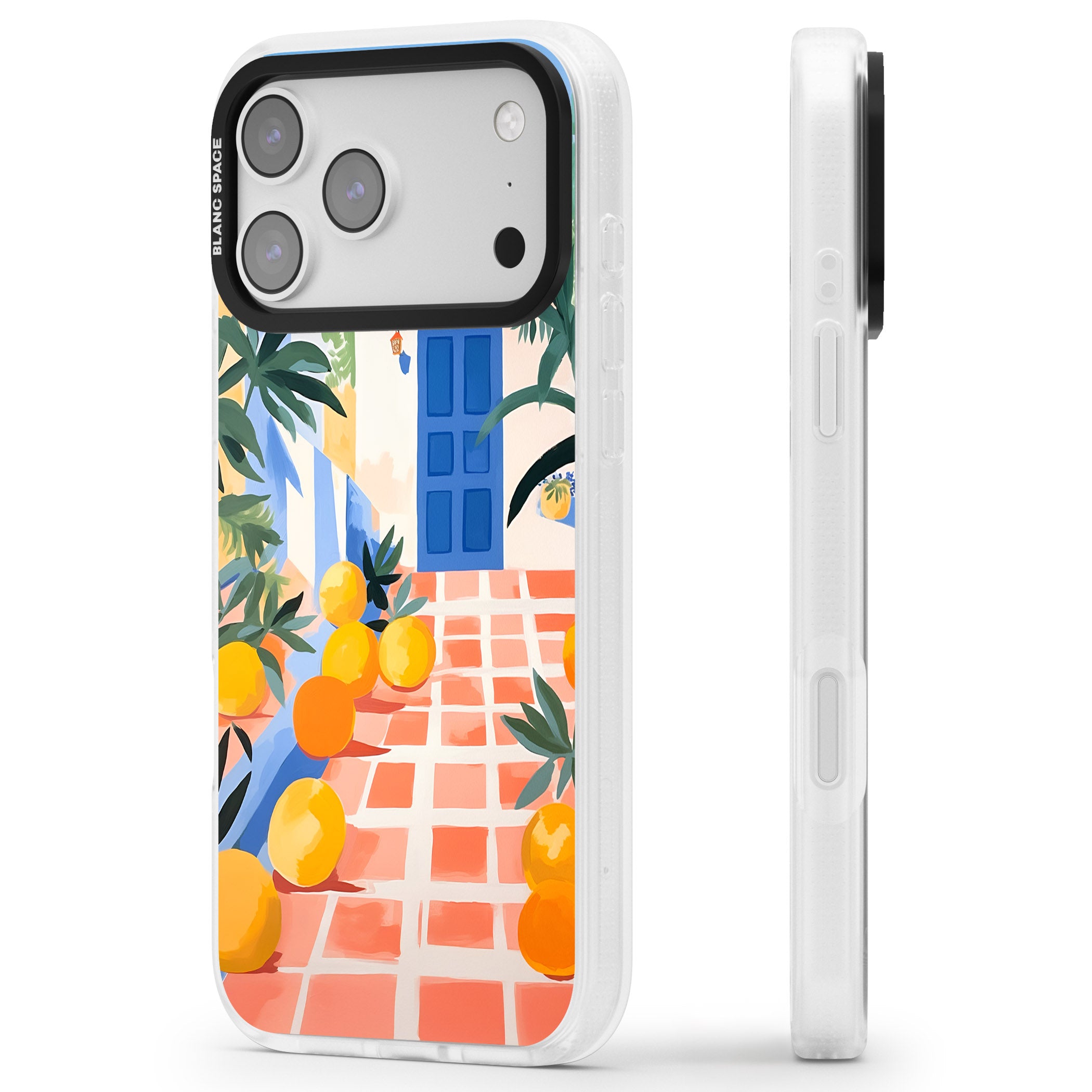 Greek Courtyard iPhone 17 Pro Impact Air Clear Phone Case Side Profile