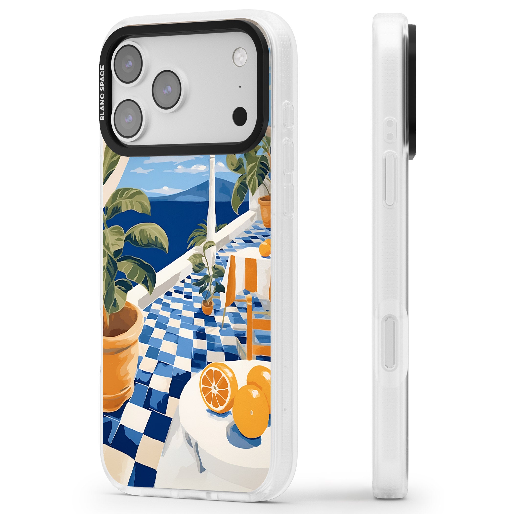 Greek Balcony iPhone 17 Pro Impact Air Clear Phone Case Side Profile