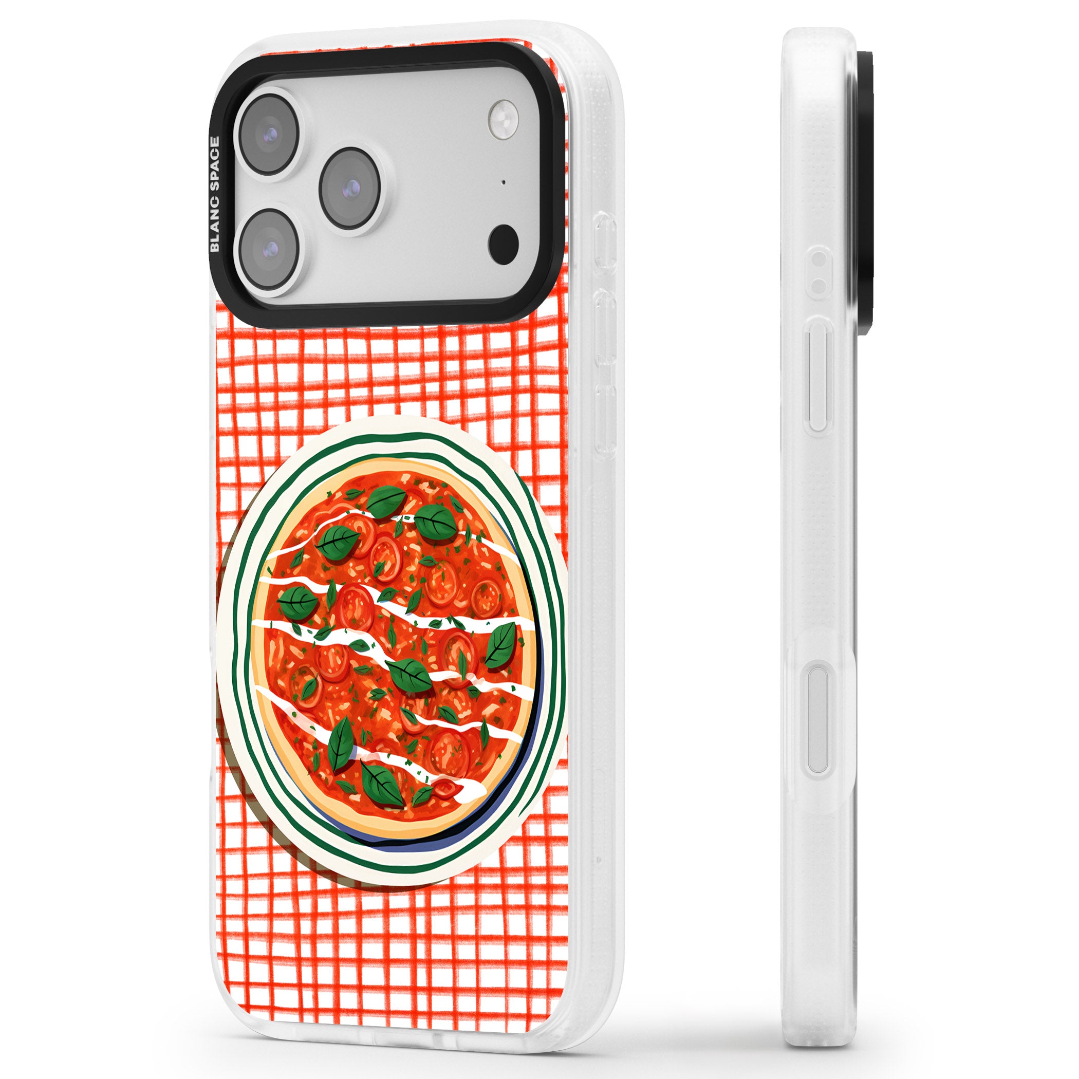 Margherita On Red Check iPhone 17 Pro Max Impact Air Clear Phone Case Side Profile