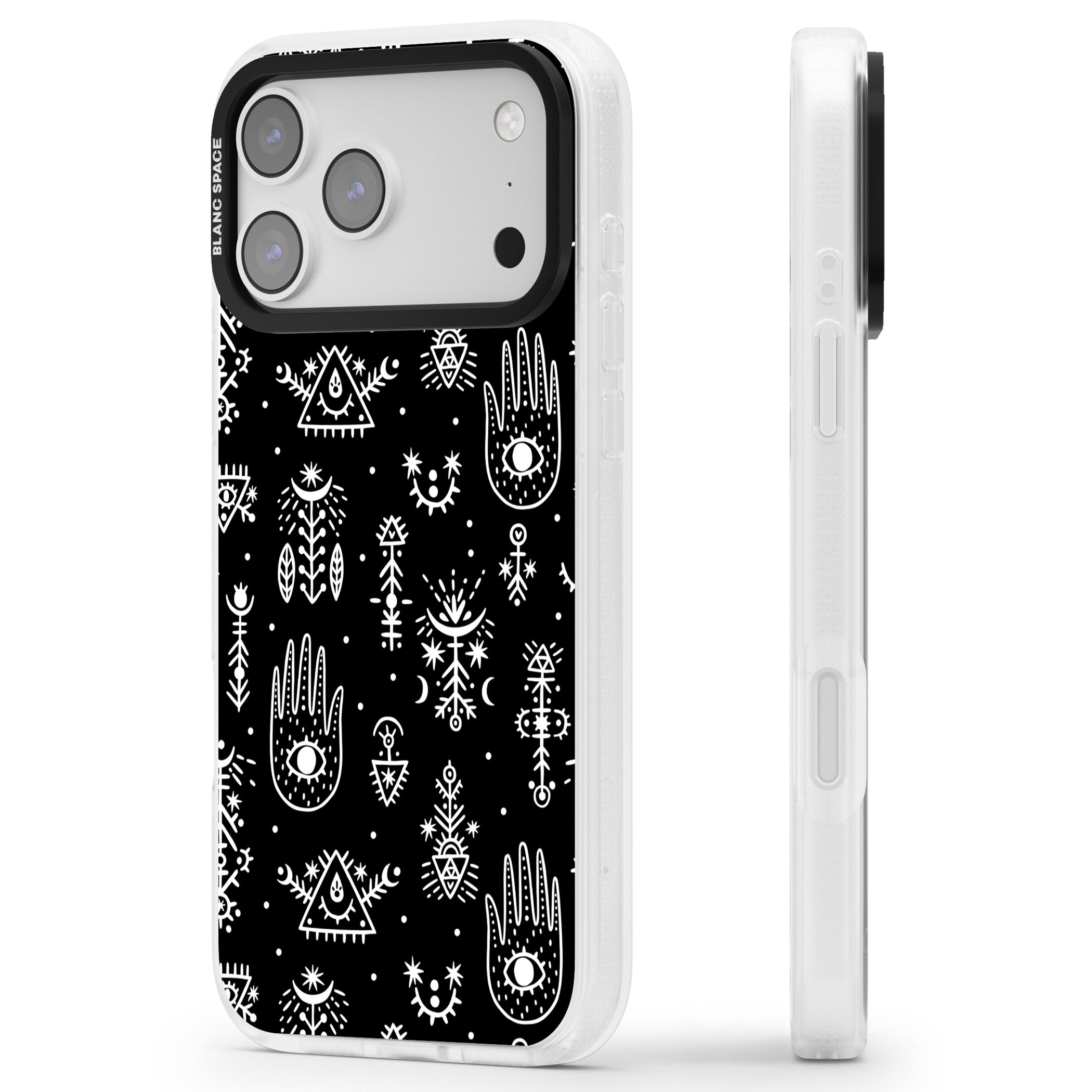Tribal Symbols Black iPhone 17 Pro Impact Air Clear Phone Case Side Profile