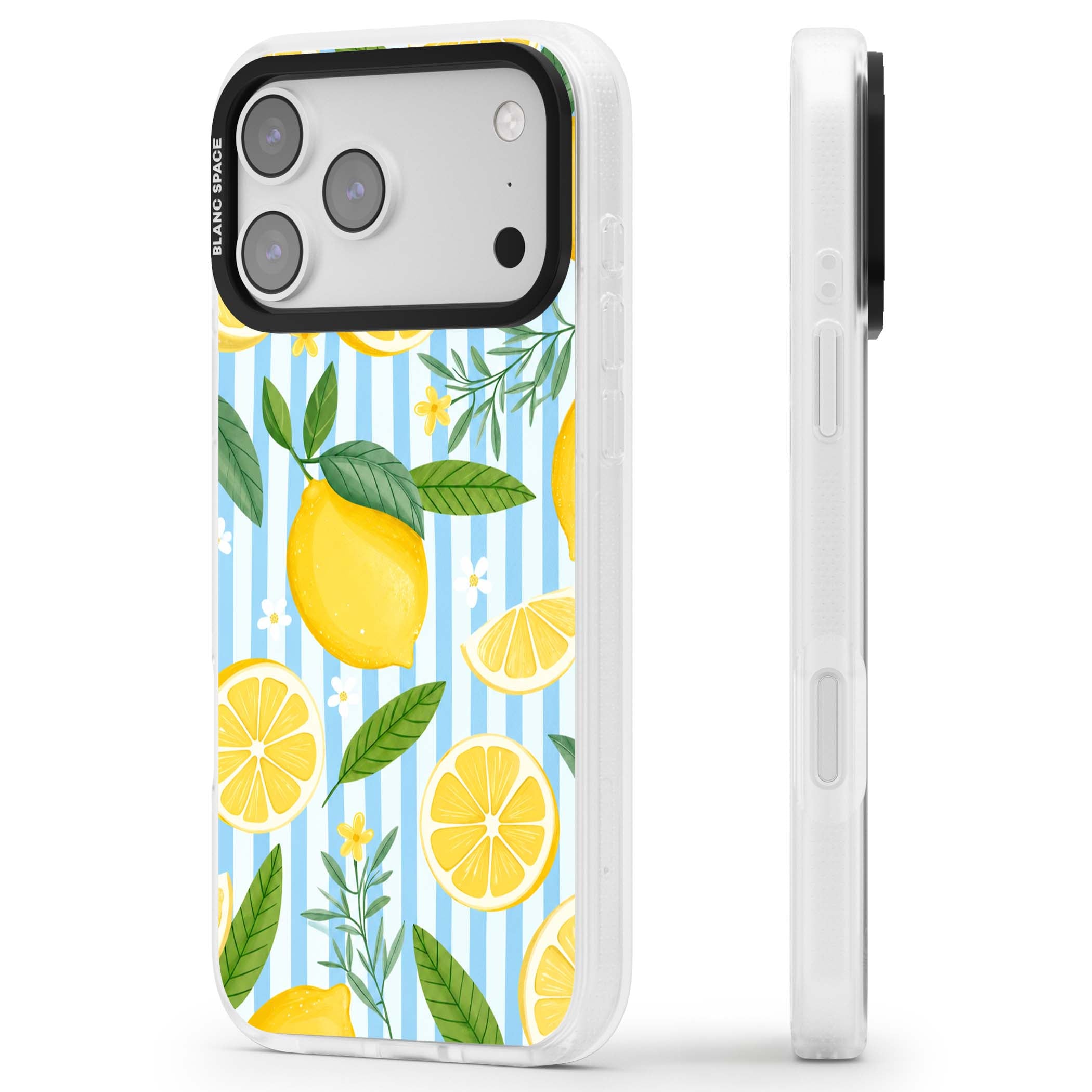 Capri Citrus Stripe coastal iPhone case featuring yellow lemons, blue stripes, and white daisy blossoms | Clear Case Impact Air case for iPhone 17 Pro, iPhone 17 Pro Max