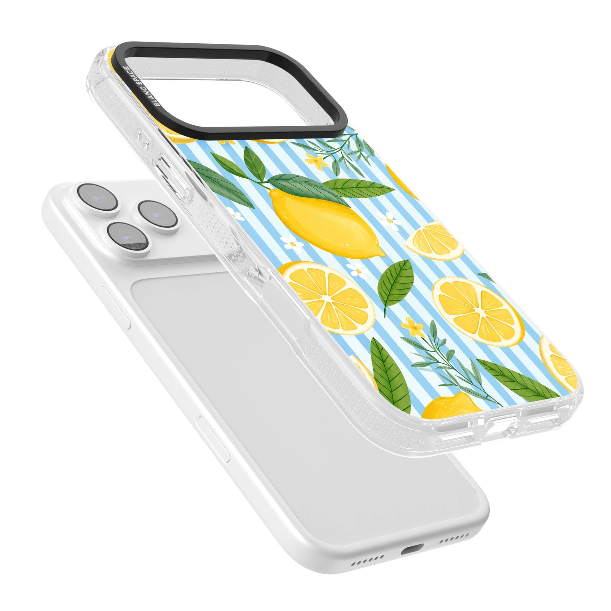 Capri Citrus Stripe coastal iPhone case featuring yellow lemons, blue stripes, and white daisy blossoms | Clear Case Impact Air case for iPhone 17 Pro, iPhone 17 Pro Max