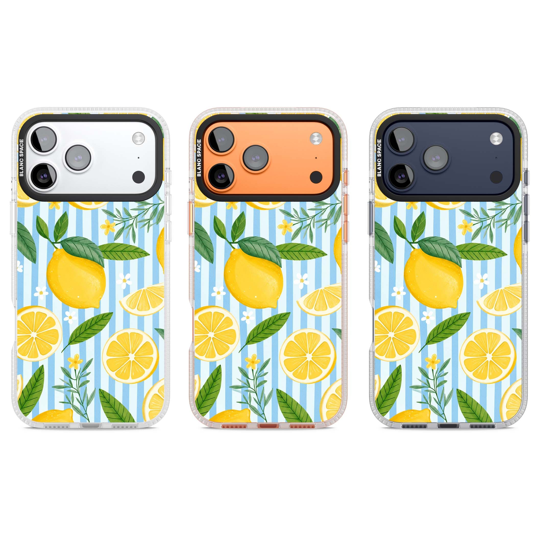Capri Citrus Stripe coastal iPhone case featuring yellow lemons, blue stripes, and white daisy blossoms | Clear Case Impact Air case for iPhone 17 Pro, iPhone 17 Pro Max