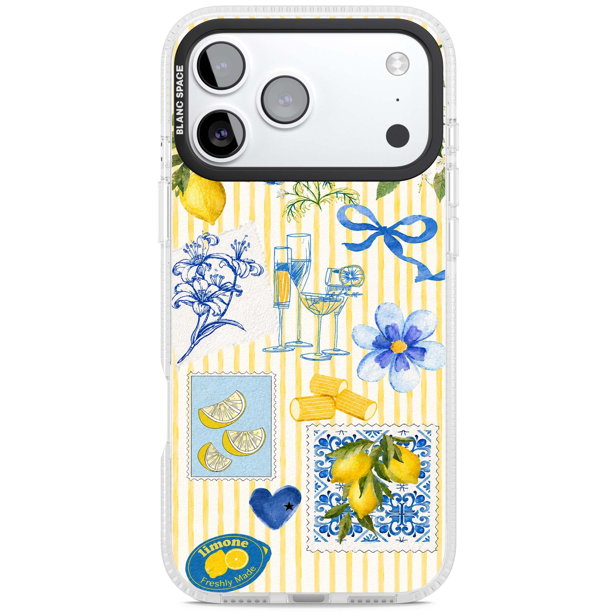 Limone Riviera Italian summer iPhone case featuring watercolour lemons, blue ribbon bows and majolica tile stamps on... | Clear Case Impact Air case for iPhone 17 Pro, iPhone 17 Pro Max