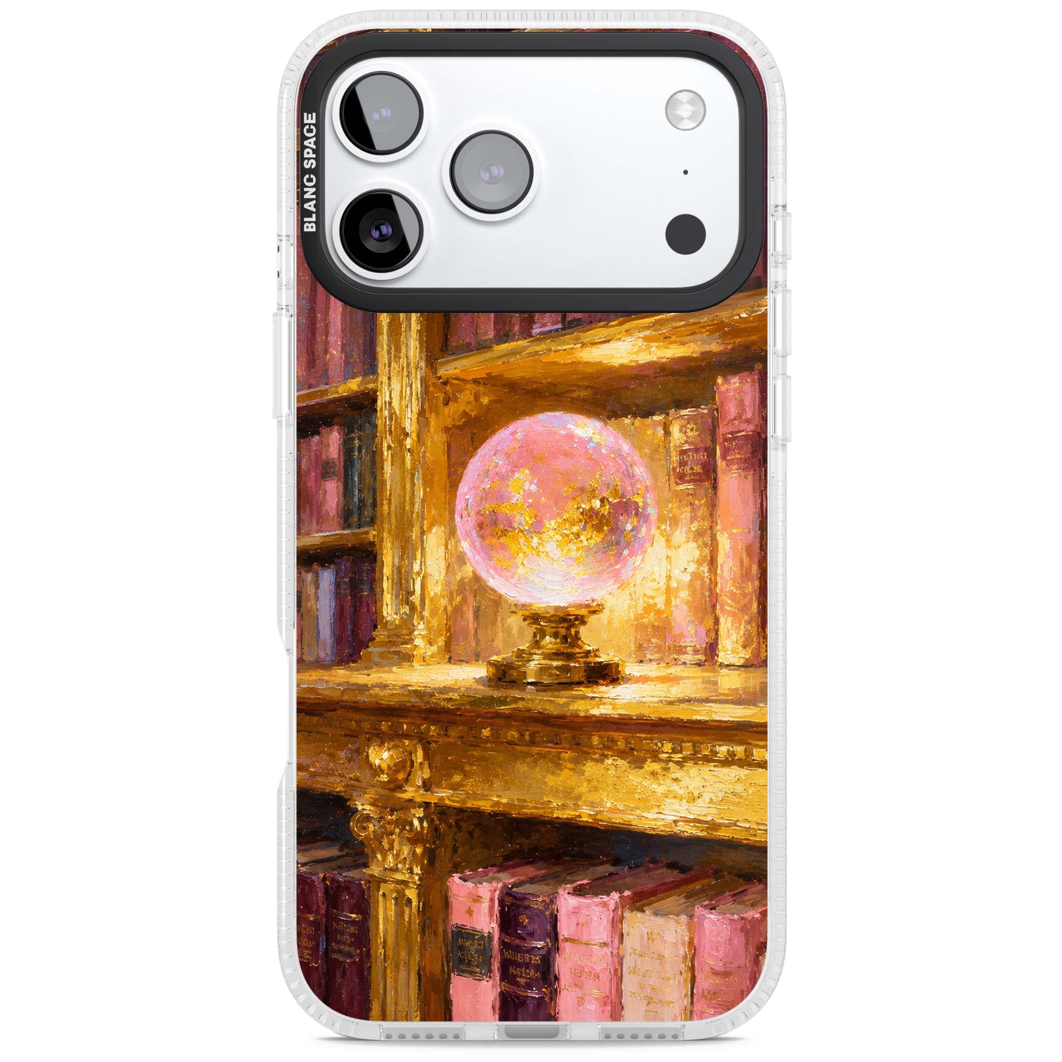 Gilded Library dark academia iPhone case featuring an oil painted crystal ball on a gilded library shelf with vintage | Clear Case Impact Air case for iPhone 17 Pro, iPhone 17 Pro Max