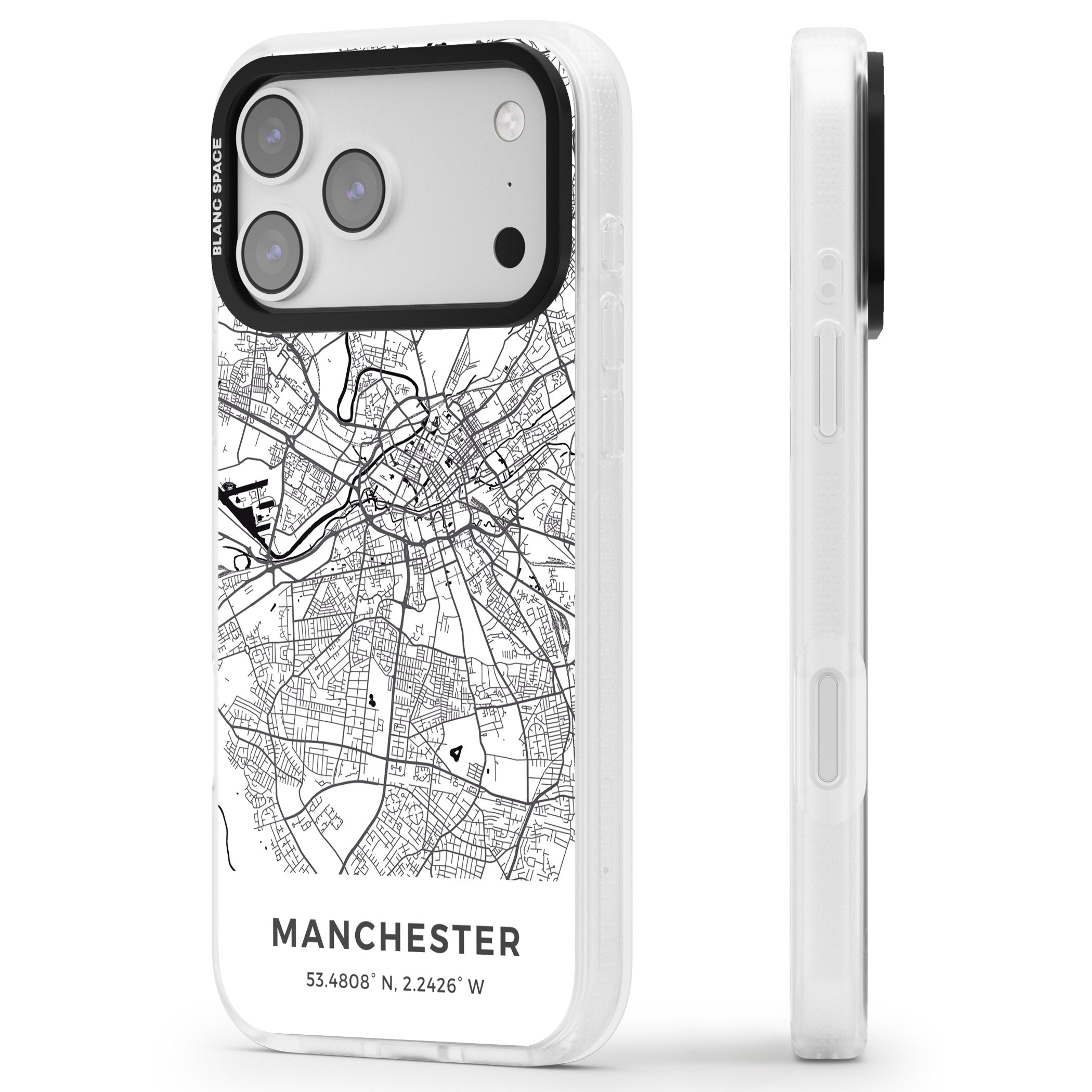 Manchester Map iPhone 17 Pro Max Impact Air Clear Phone Case Side Profile