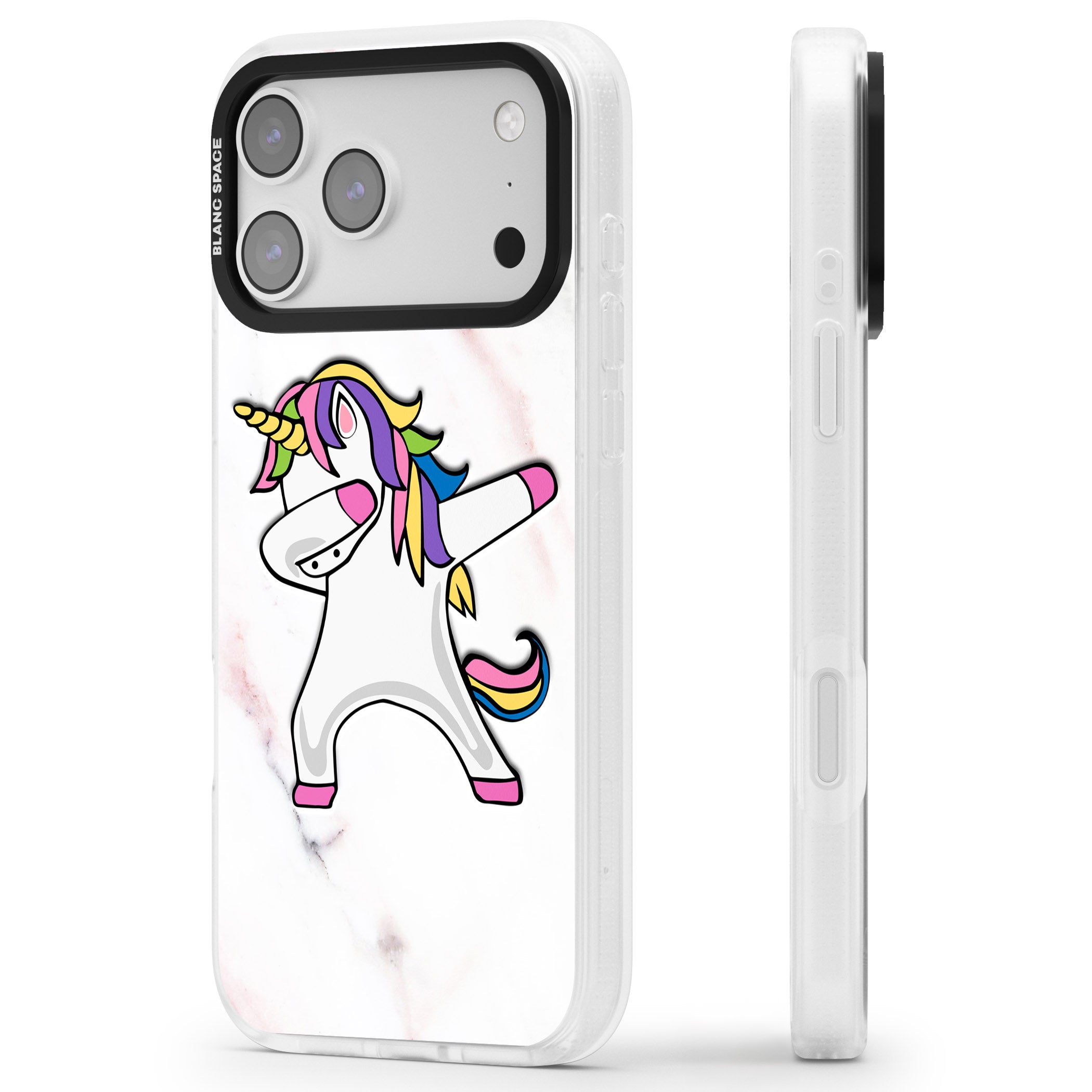 Designer Marble Unicorn Dab iPhone 17 Pro Impact Air Clear Phone Case Side Profile