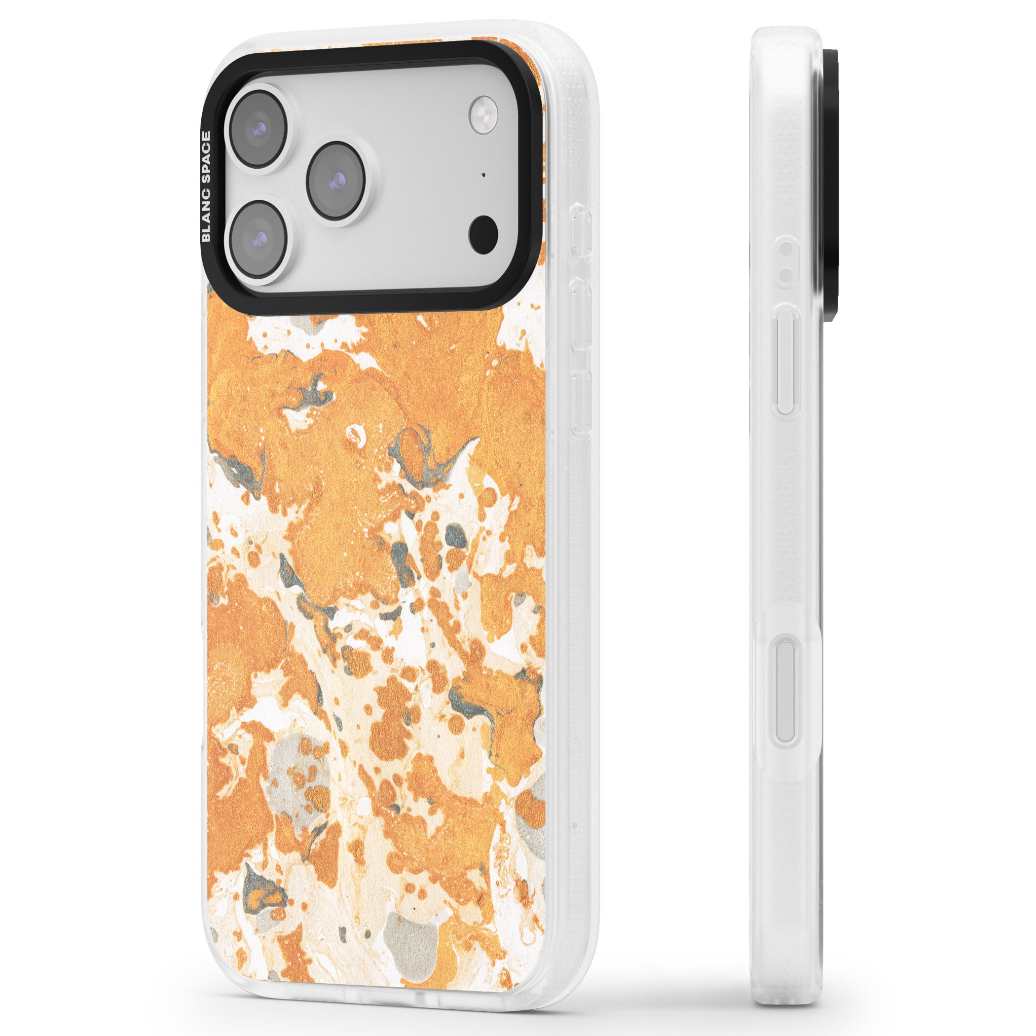 Orange Marbled iPhone 17 Pro Impact Air Clear Phone Case Side Profile