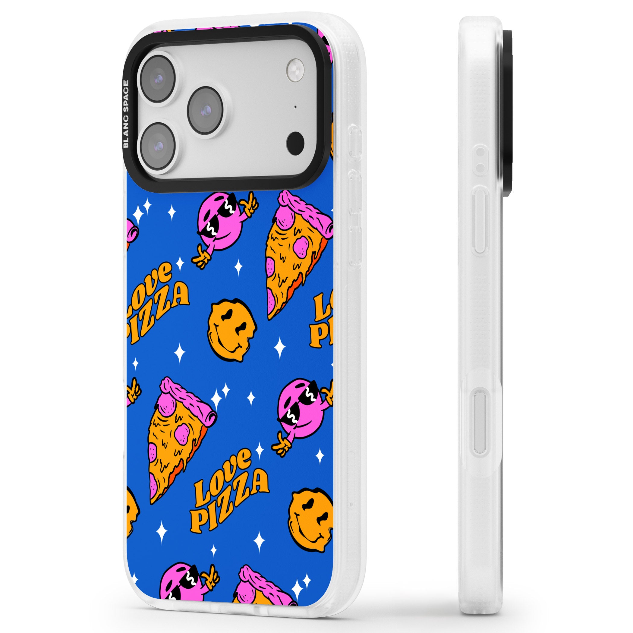 Psychedelic Love Pizza Pattern iPhone 17 Pro Max Impact Air Clear Phone Case Side Profile