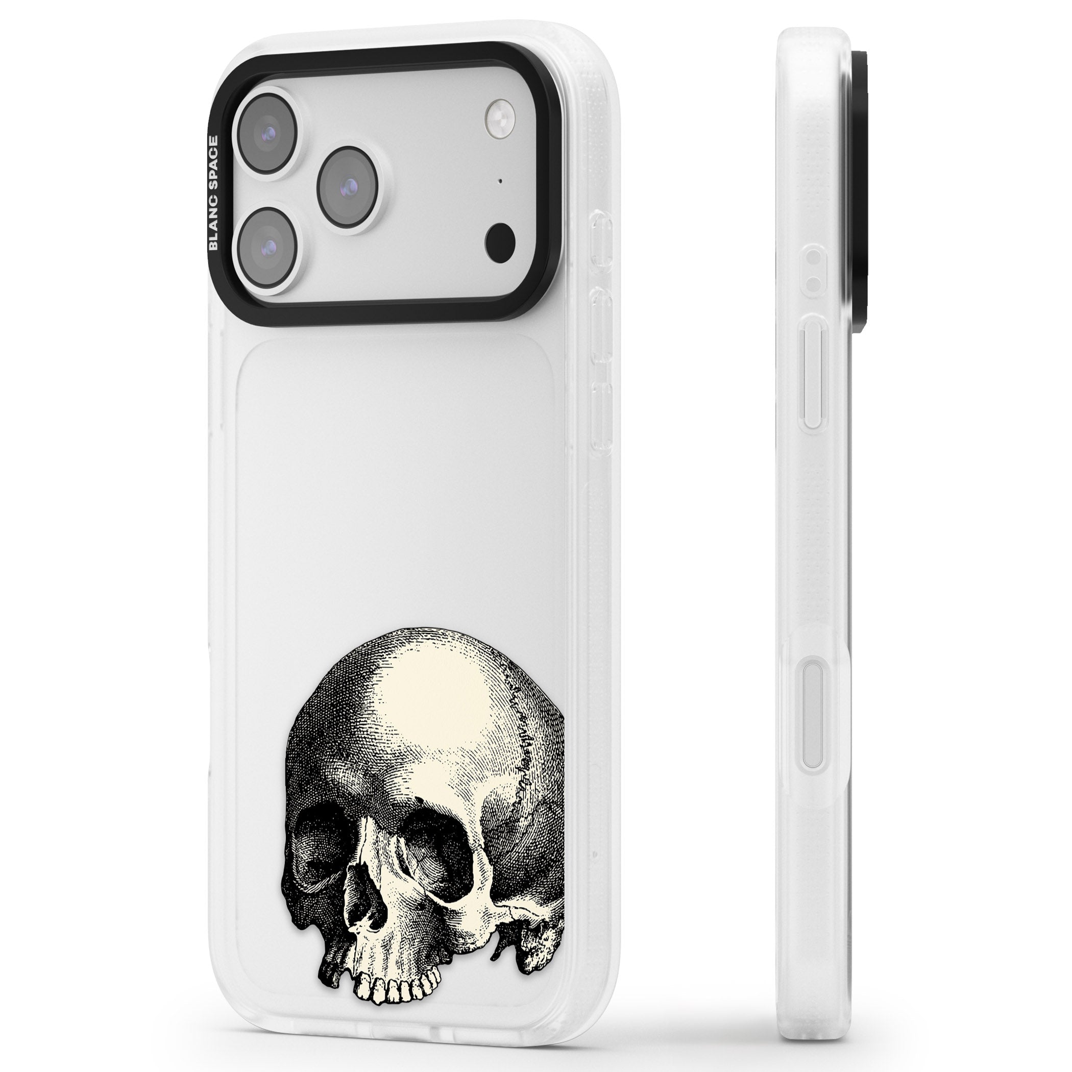 Minimal Vintage Skull iPhone 17 Pro Max Impact Air Clear Phone Case Side Profile