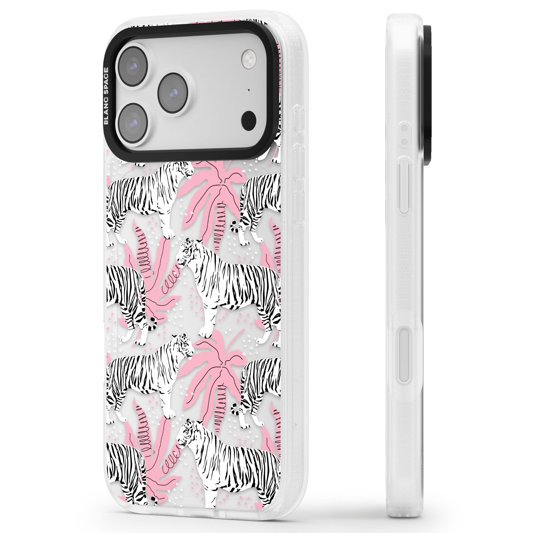 Pink & White Tropical Tigers iPhone 17 Pro Max Impact Air Clear Phone Case Side Profile