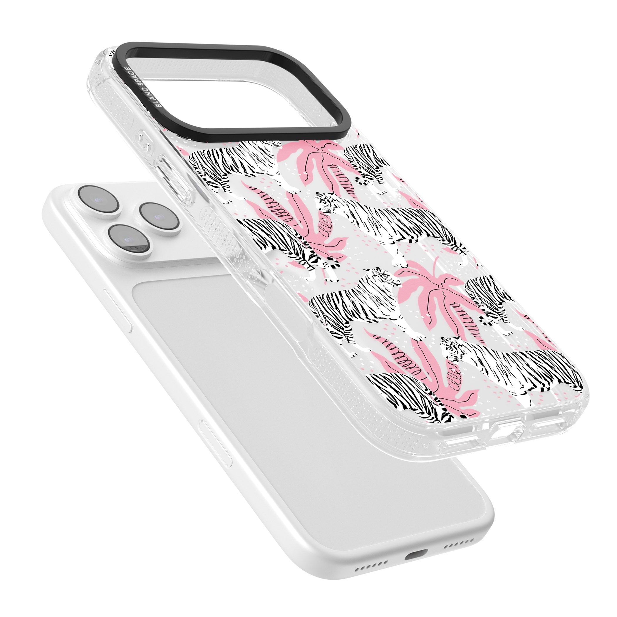 Pink & White Tropical Tigers iPhone 17 Pro Max Impact Air Clear Phone Case Colours
