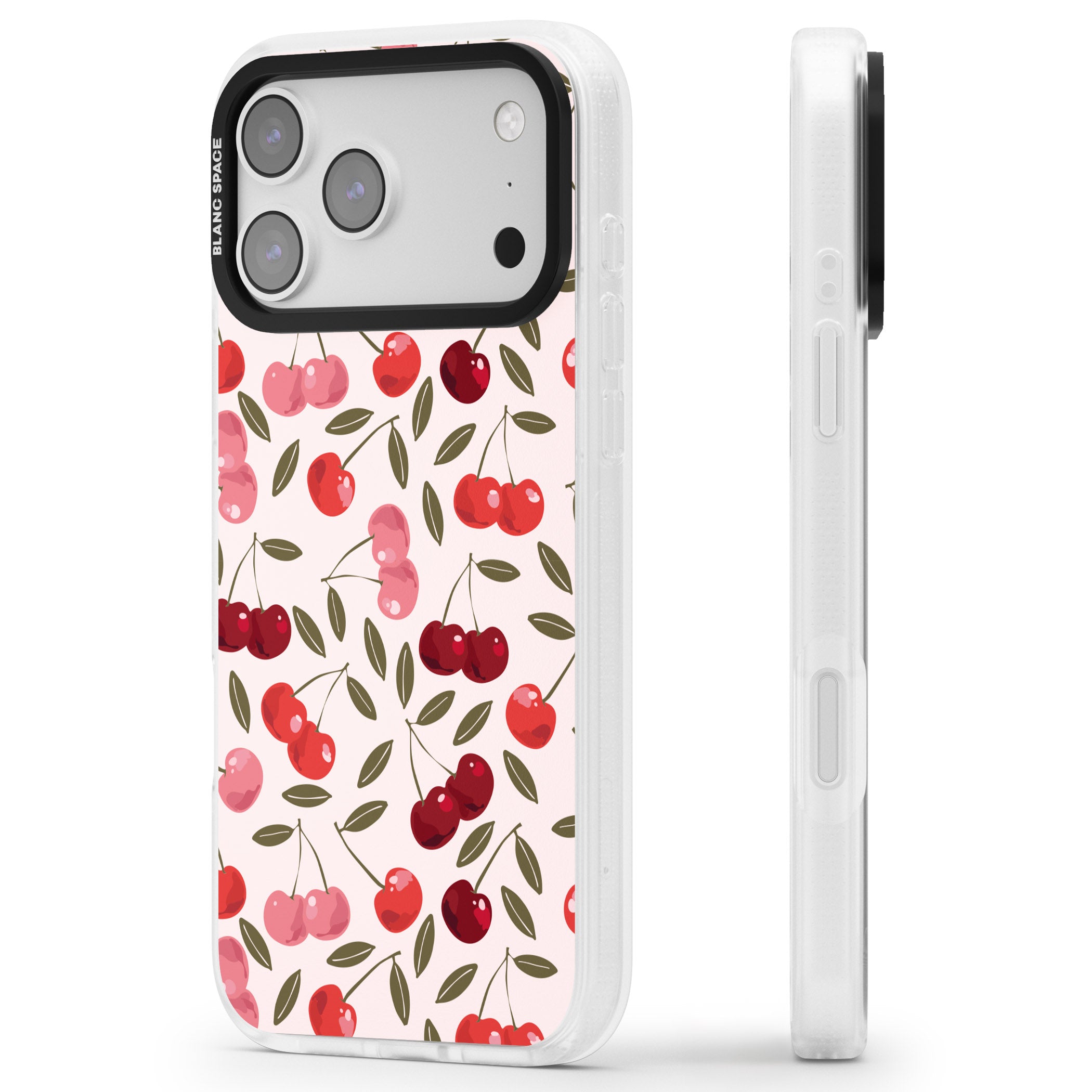 Fruity & Fun Patterns Cherries iPhone 17 Pro Max Impact Air Clear Phone Case Side Profile