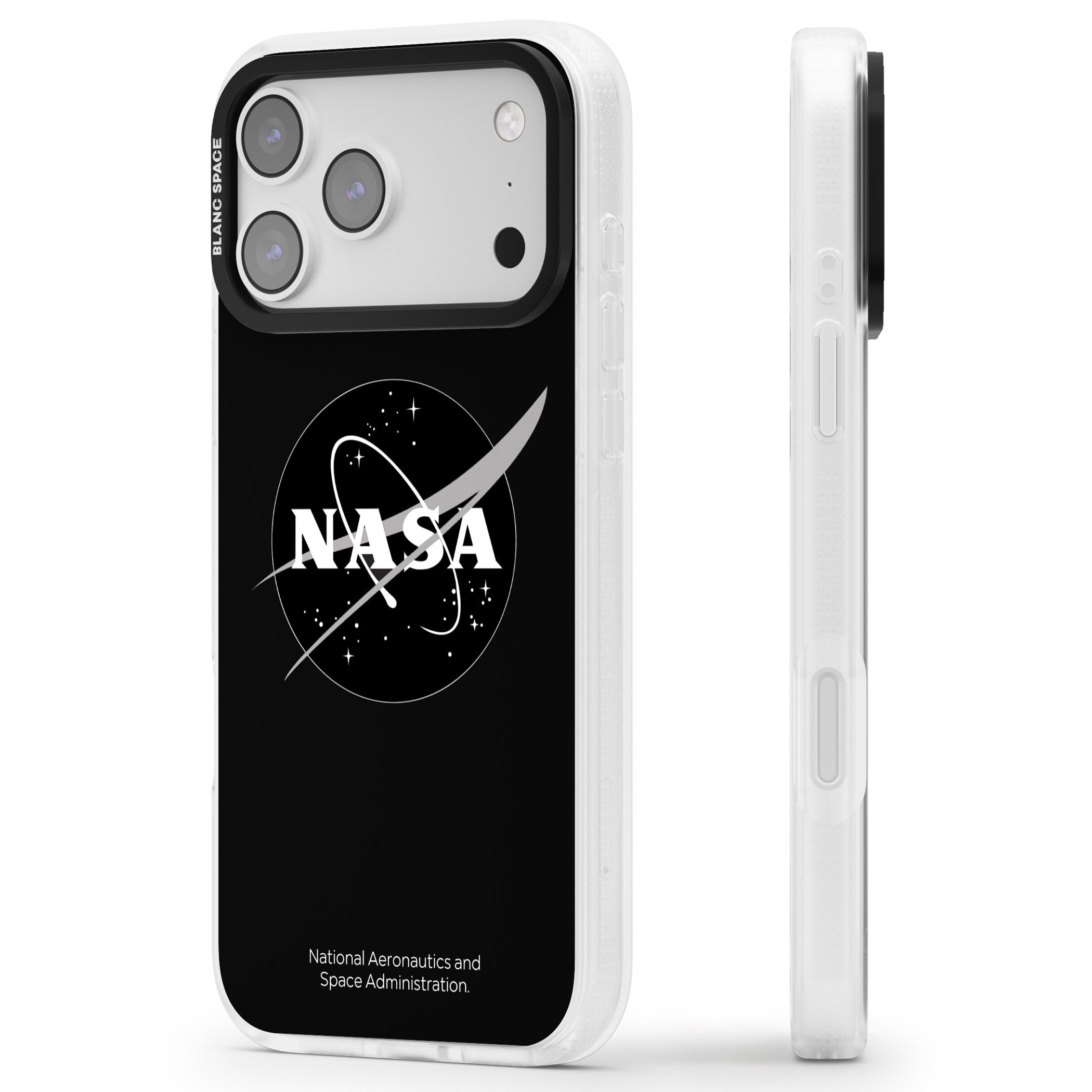 Dark Nasa Meatball iPhone 17 Pro Impact Air Clear Phone Case Side Profile