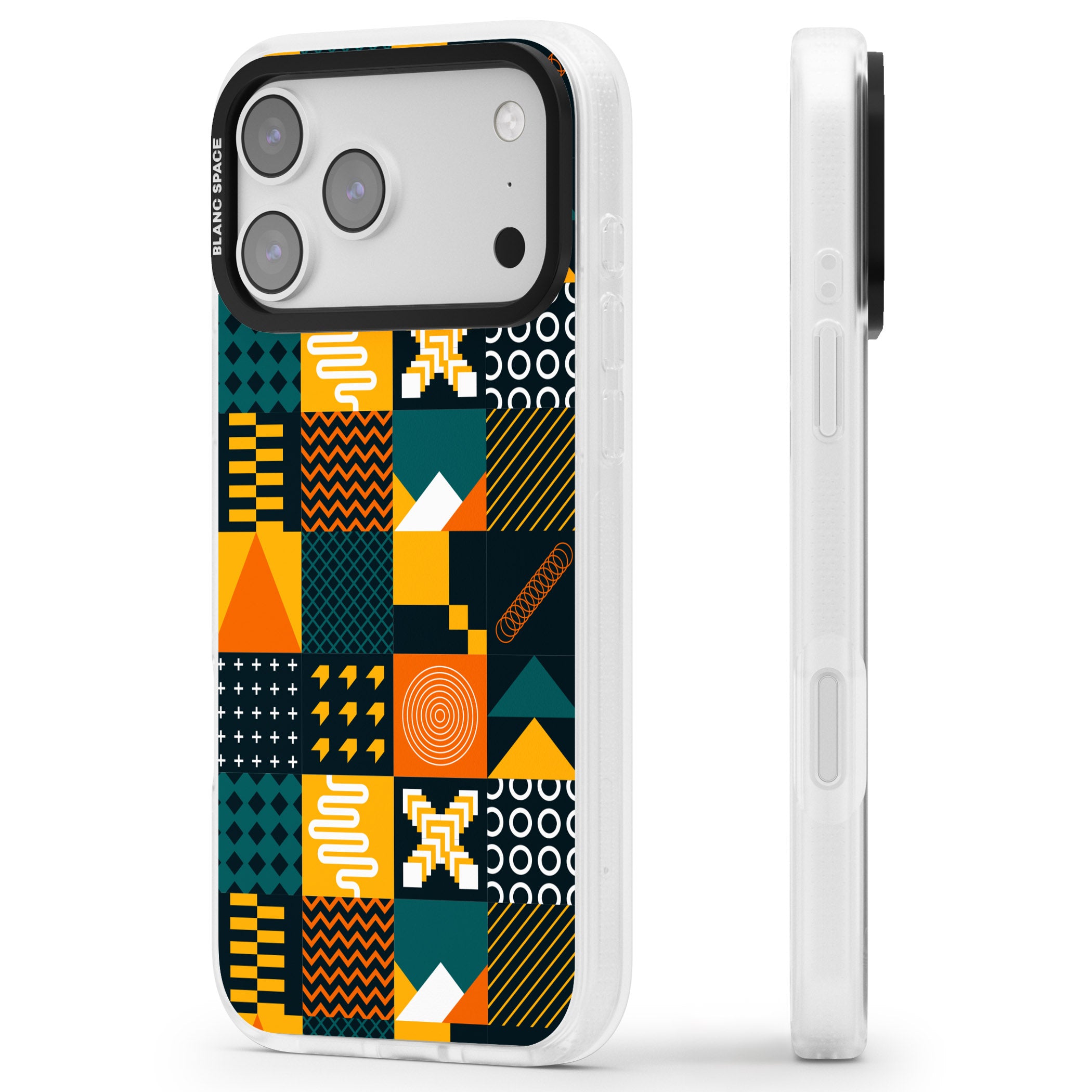 Funky Geometric Patterns: Orange & Dark Green iPhone 17 Pro Max Impact Air Clear Phone Case Side Profile