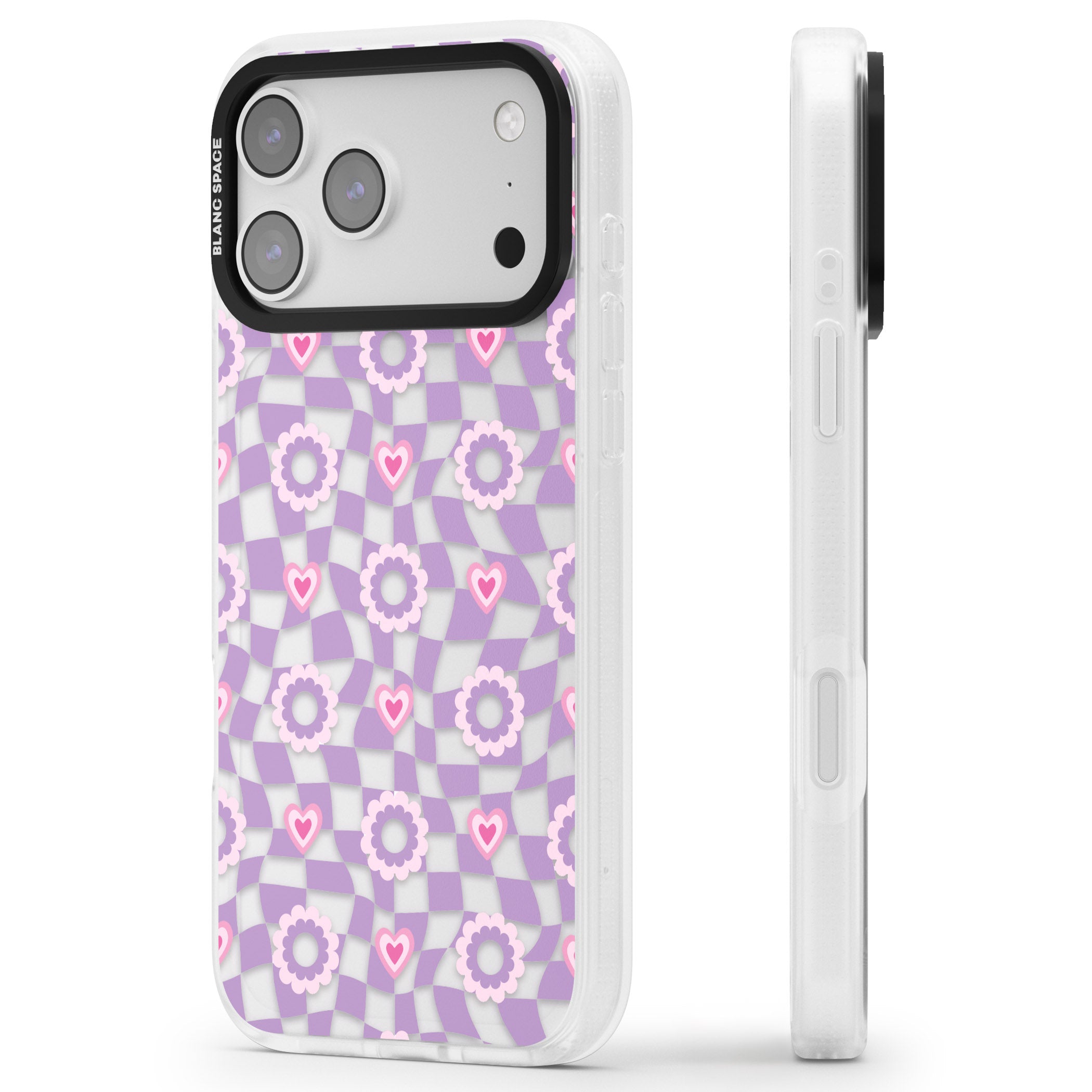 Checkered Love Pattern iPhone 17 Pro Impact Air Clear Phone Case Side Profile