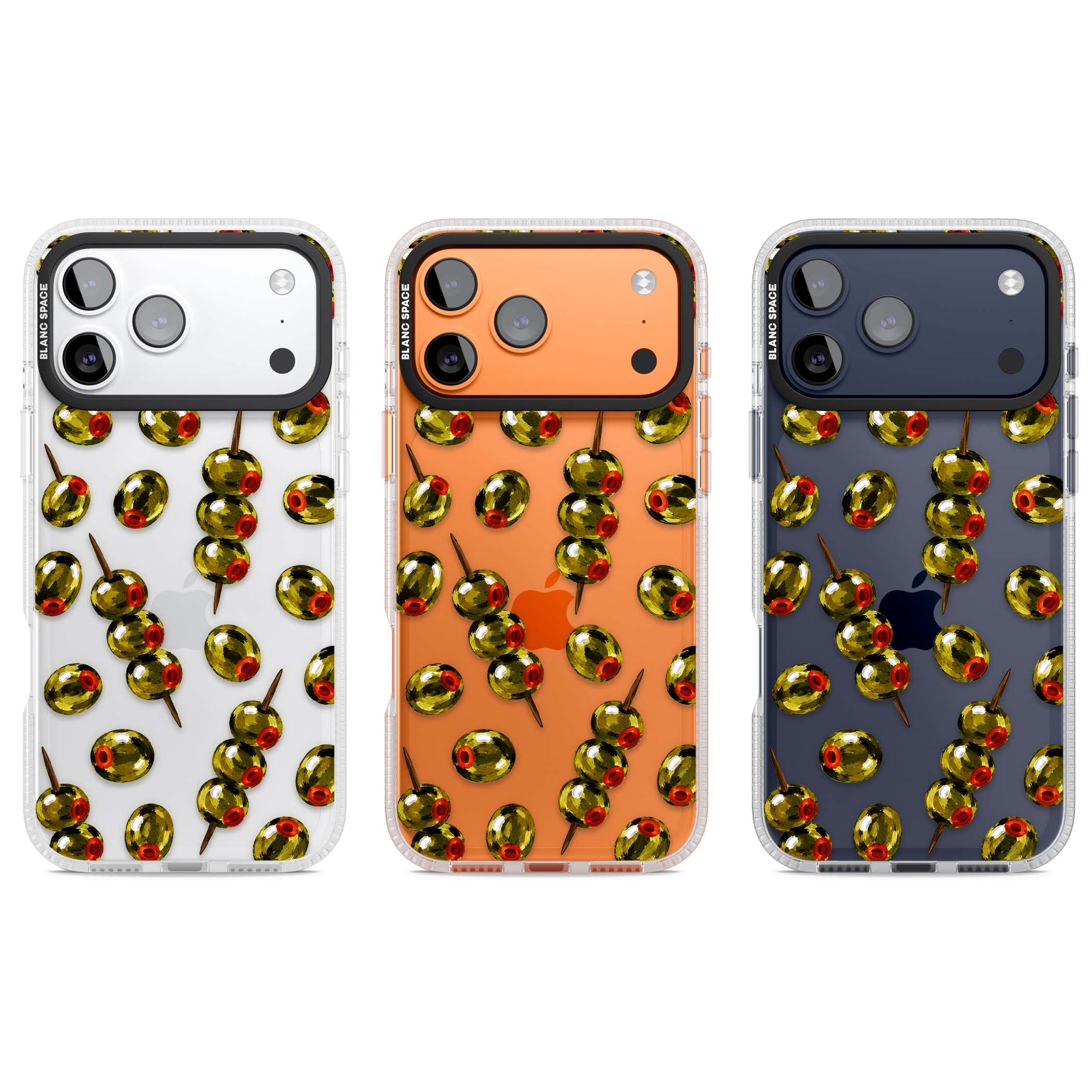 Painted Olives cocktail iPhone case featuring green olives, pimento centres and toothpick skewers on a clear background | Clear Case Impact Air case for iPhone 17 Pro, iPhone 17 Pro Max