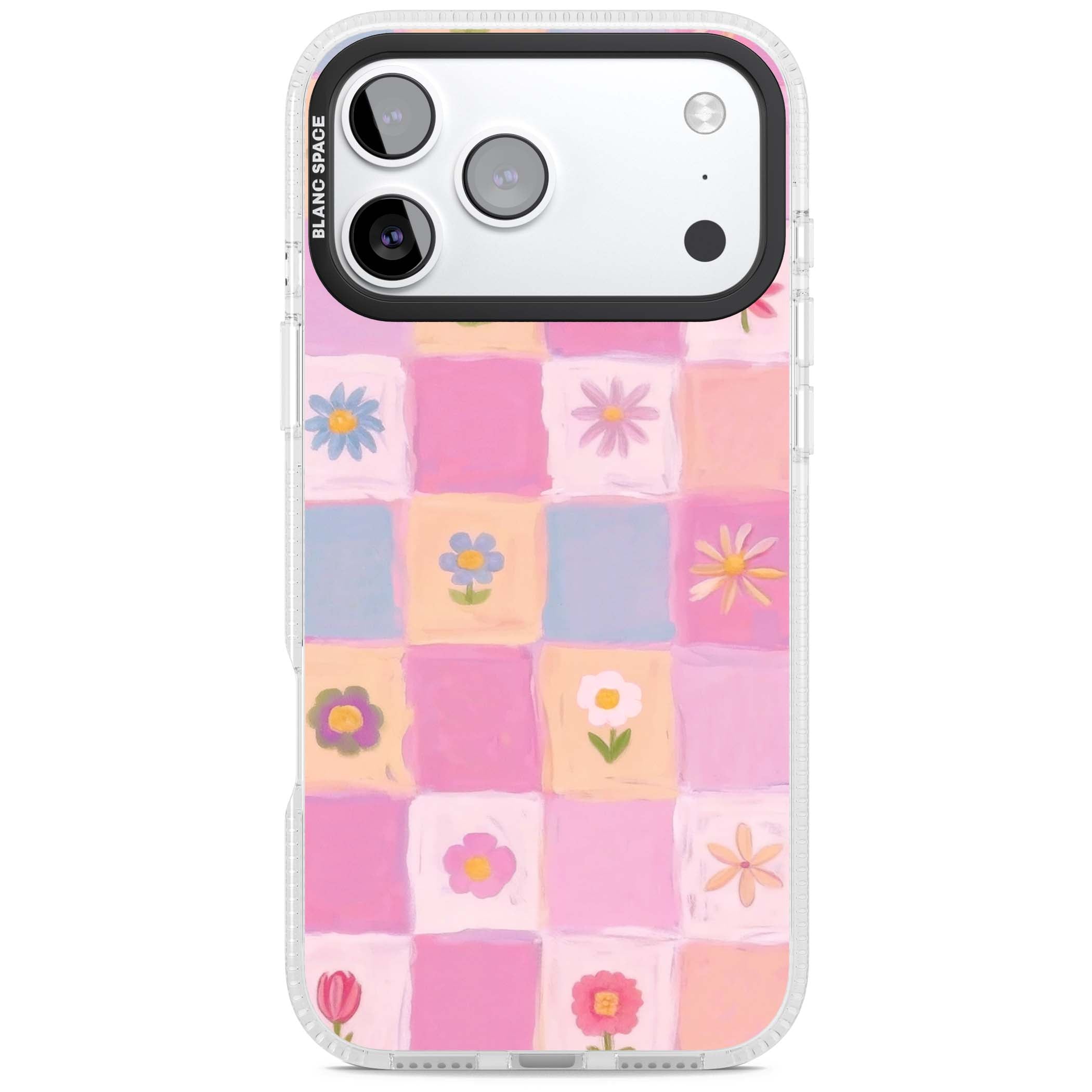 Pastel Flower Patchwork cottagecore iPhone case featuring painted pink and lilac squares with daisies and wildflowers | Clear Case Impact Air case for iPhone 17 Pro, iPhone 17 Pro Max