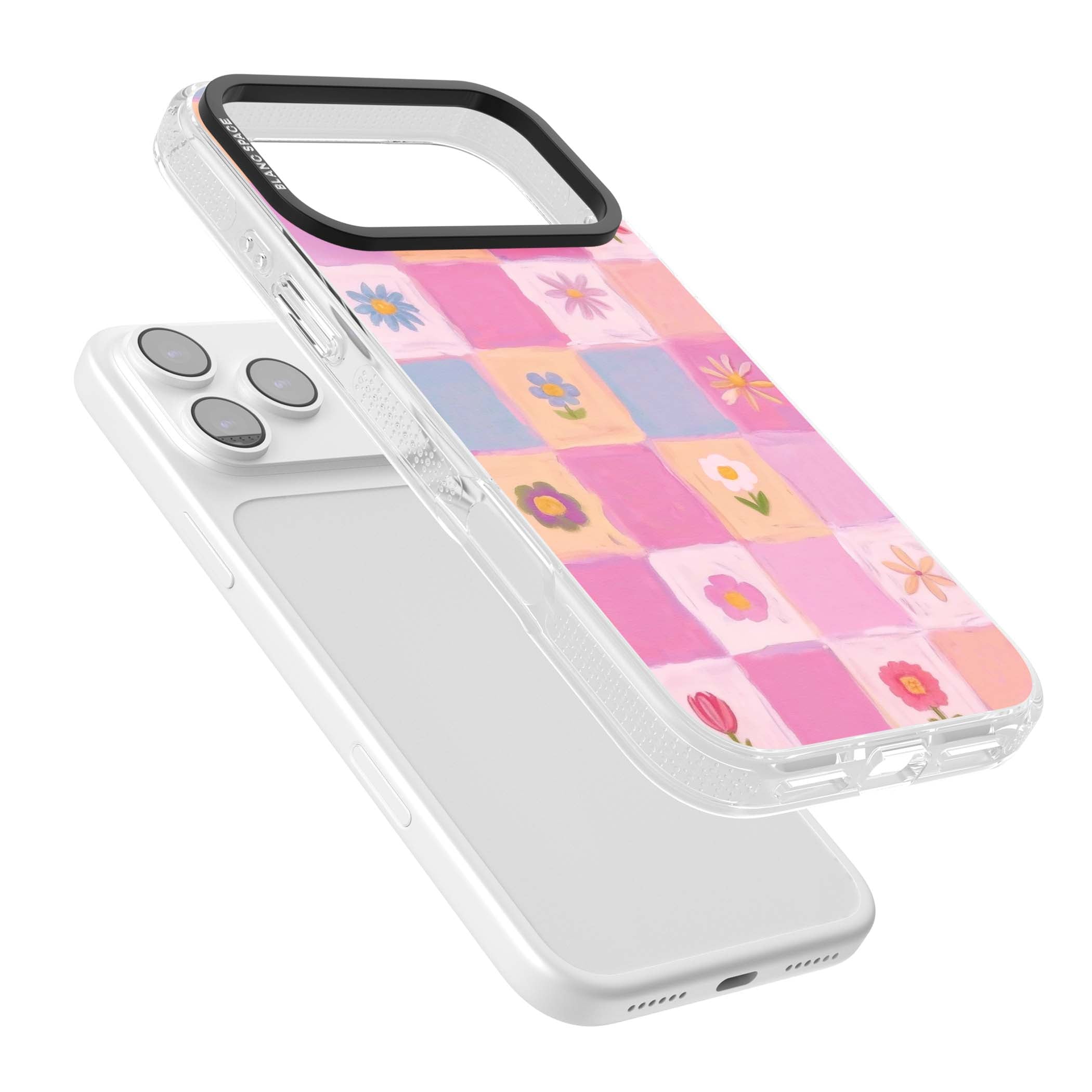 Pastel Flower Patchwork cottagecore iPhone case featuring painted pink and lilac squares with daisies and wildflowers | Clear Case Impact Air case for iPhone 17 Pro, iPhone 17 Pro Max