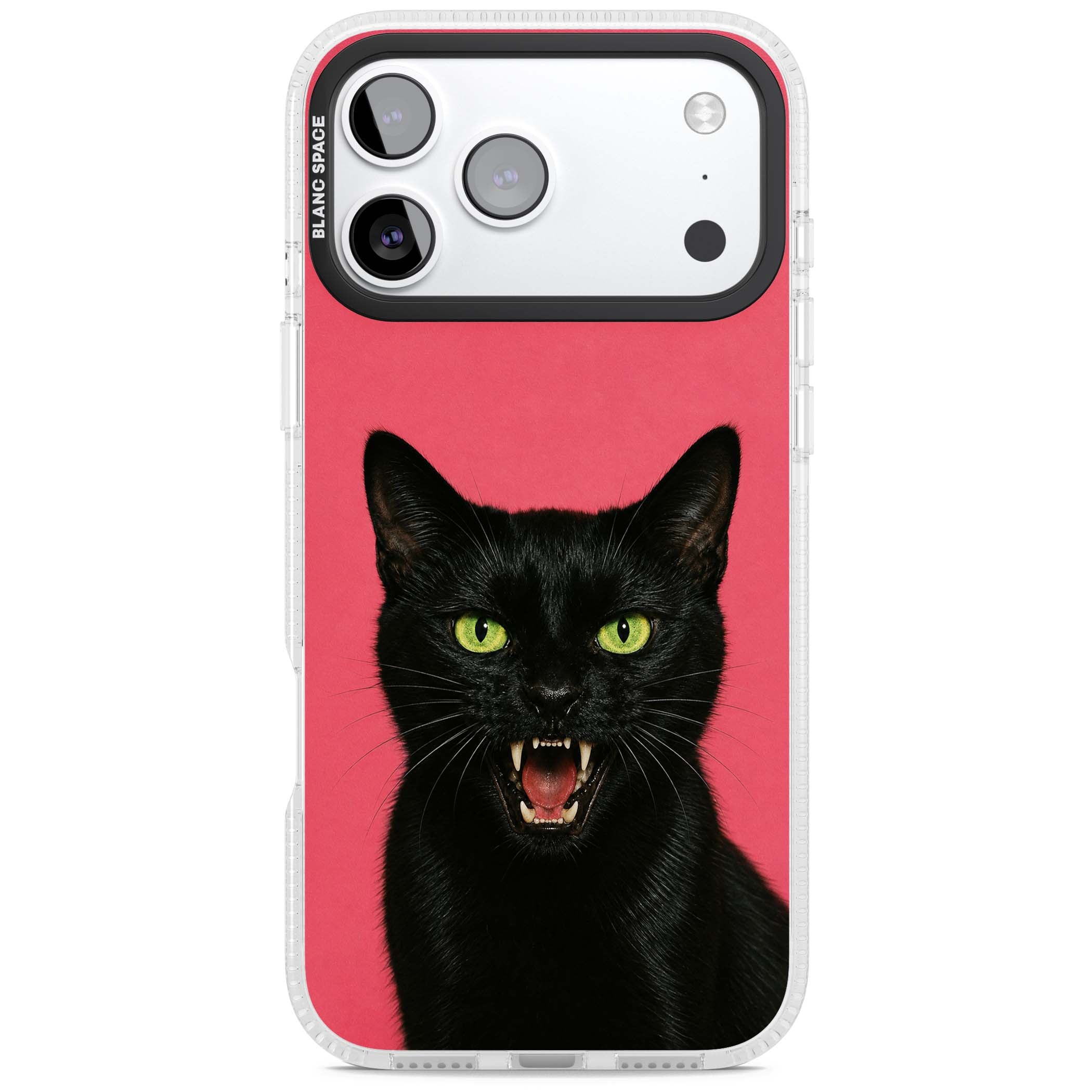 Hissin' Baddie black cat iPhone case featuring a hissing feline with green eyes on a hot pink background | Clear Case Impact Air case for iPhone 17 Pro, iPhone 17 Pro Max