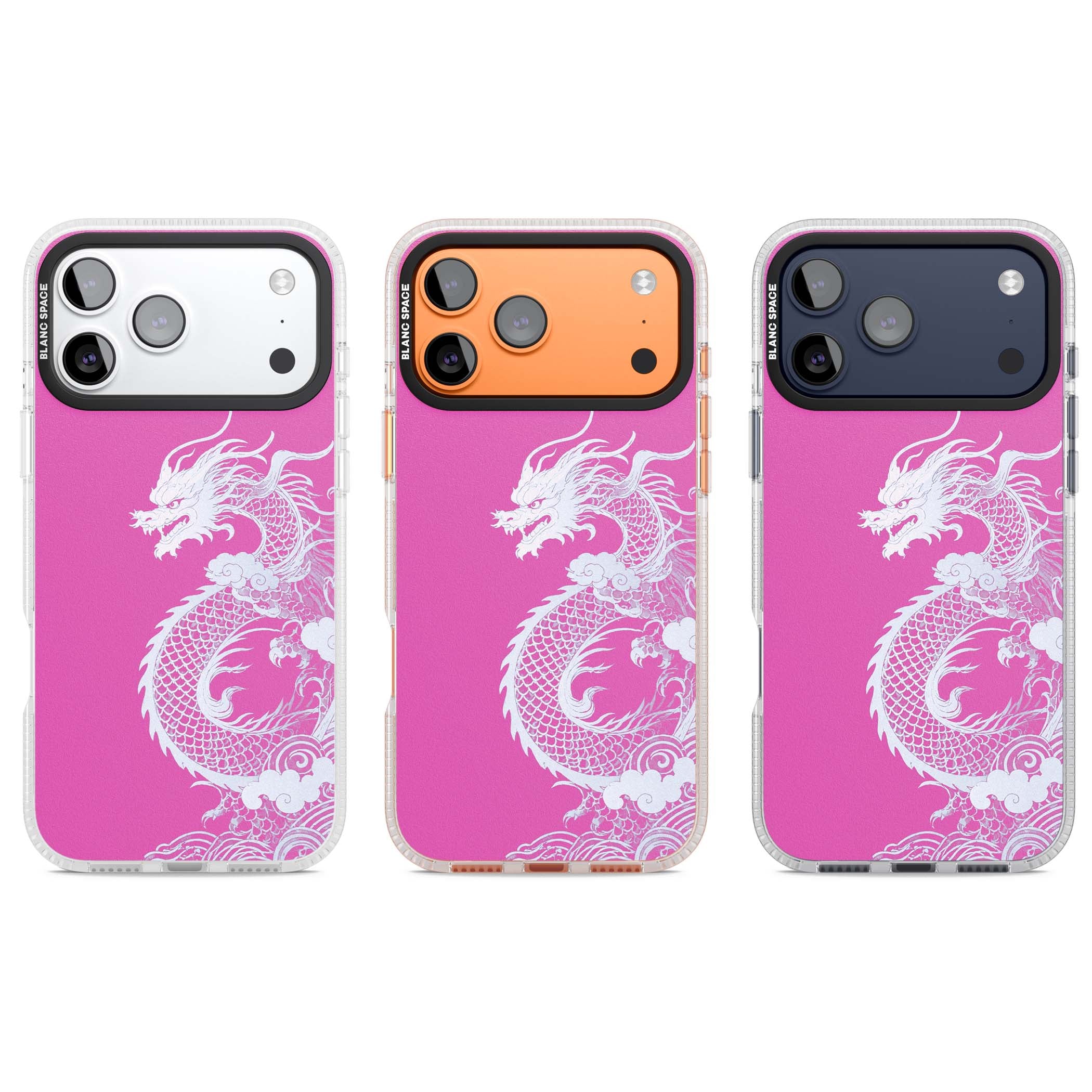 Pink Empress chinese dragon iPhone case featuring a white dragon, swirling clouds and pink dragon wallpaper backdrop | Clear Case Impact Air case for iPhone 17 Pro, iPhone 17 Pro Max
