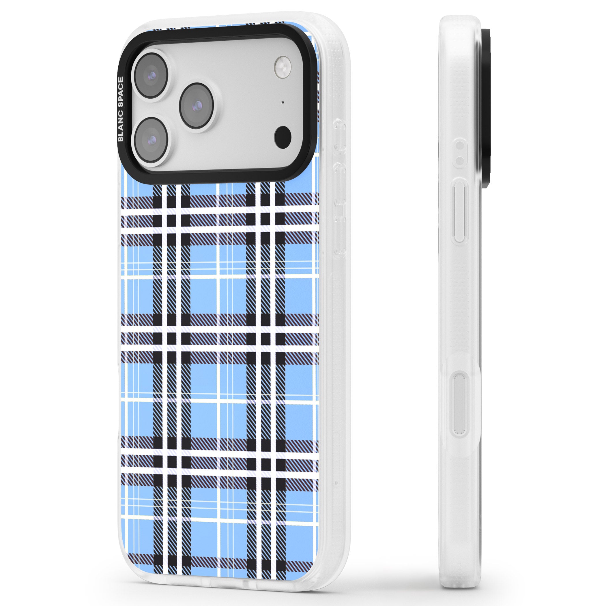 Blue Plaid iPhone 17 Pro Impact Air Clear Phone Case Side Profile