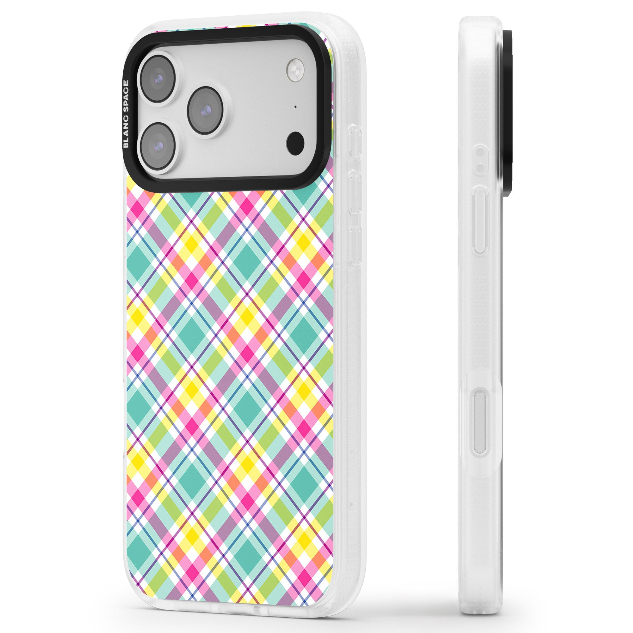 Crosshatch Plaid iPhone 17 Pro Impact Air Clear Phone Case Side Profile