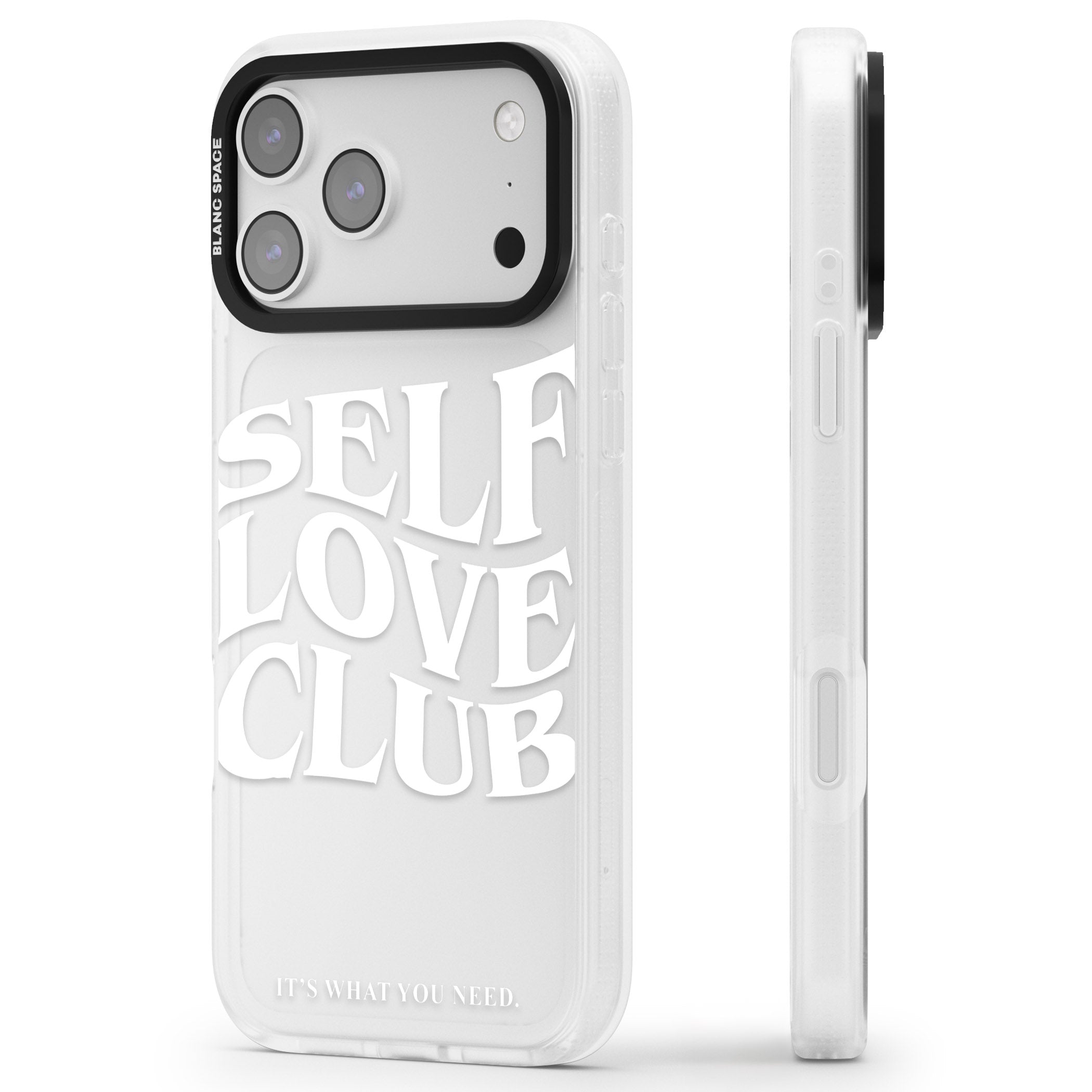 Self Love Club White iPhone 17 Pro Max Impact Air Clear Phone Case Side Profile