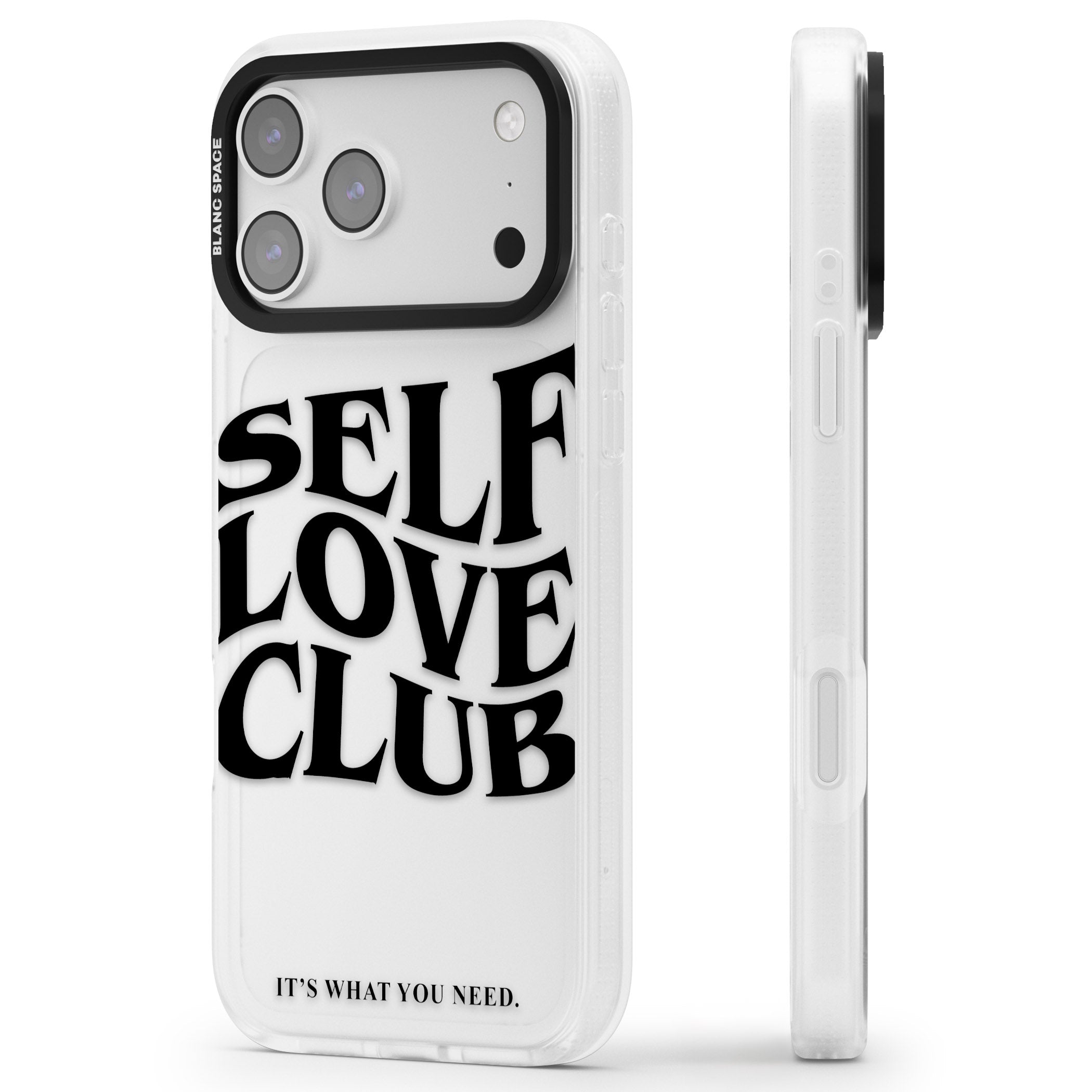Self Love Club Black iPhone 17 Pro Max Impact Air Clear Phone Case Side Profile