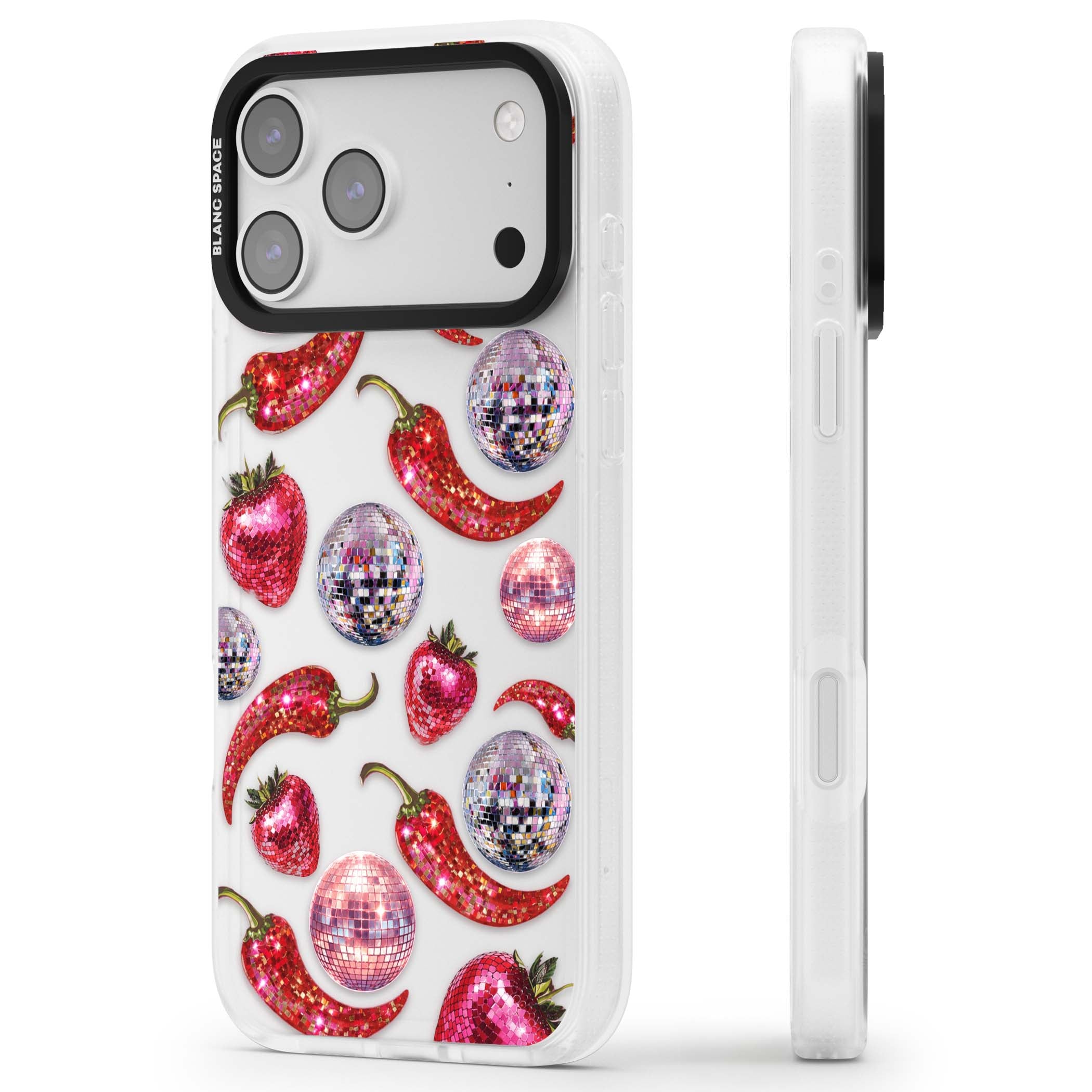 Spicy Disco Y2K iPhone case featuring glitter disco balls, sparkly strawberries and red chilli peppers | Clear Case Impact Air case for iPhone 17 Pro, iPhone 17 Pro Max