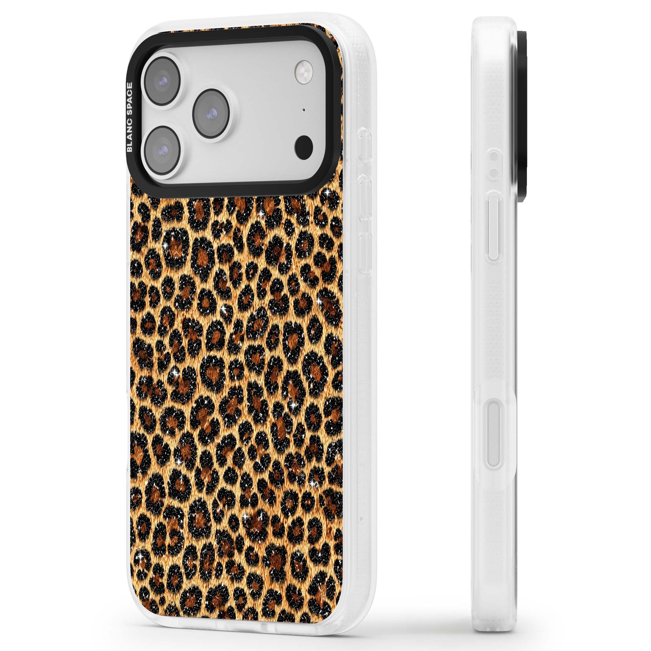 Diamond Leopard leopard print iPhone case featuring golden tan fur, black rosette spots and subtle glitter sparkle | Clear Case Impact Air case for iPhone 17 Pro, iPhone 17 Pro Max