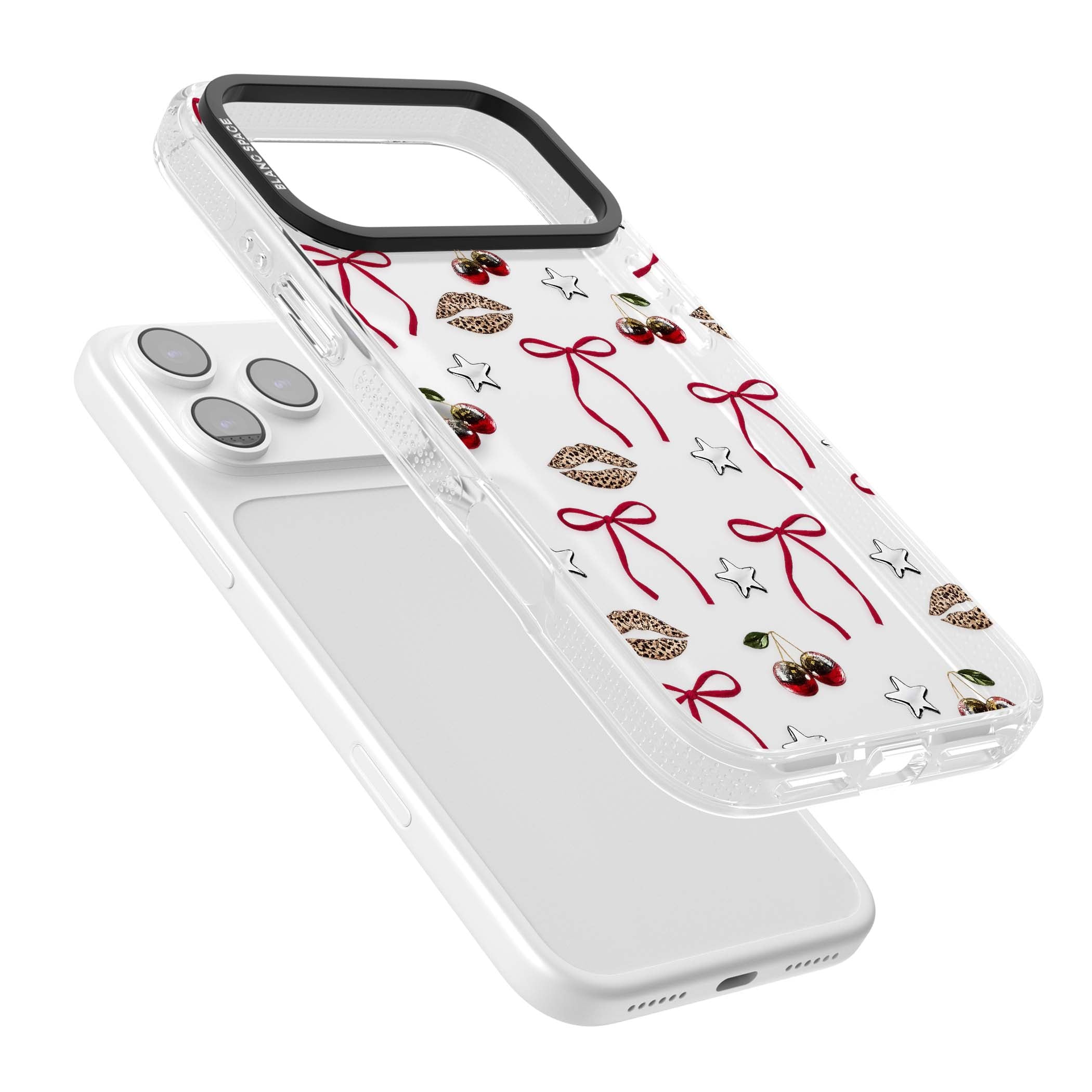 Starlet coquette iPhone case featuring red ribbon bows, disco cherries and leopard-print lips | Clear Case Impact Air case for iPhone 17 Pro, iPhone 17 Pro Max