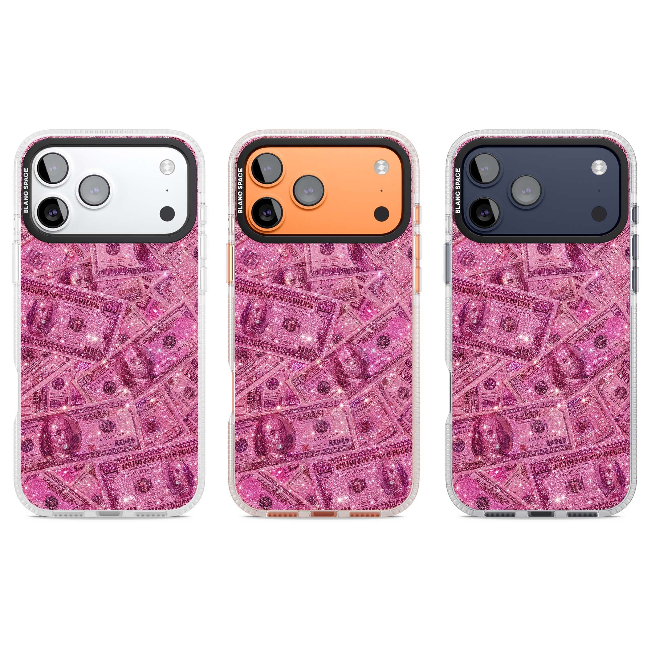 Glamorous baddie iPhone case featuring pink glitter hundred dollar bills and sparkling money wallpaper design | Clear Case Impact Air case for iPhone 17 Pro, iPhone 17 Pro Max