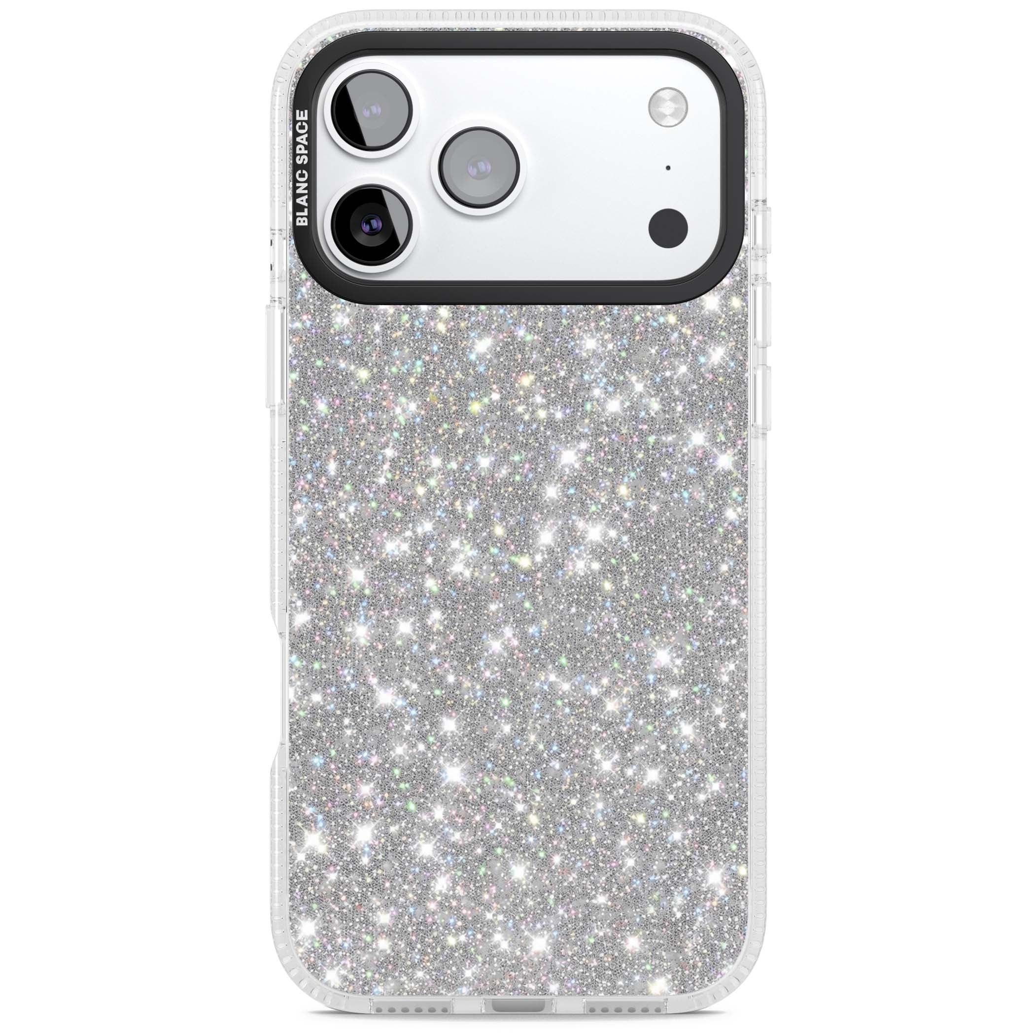 Diamond glam iPhone case featuring silver glitter sparkle and shimmering diamond dust effect | Clear Case Impact Air case for iPhone 17 Pro, iPhone 17 Pro Max
