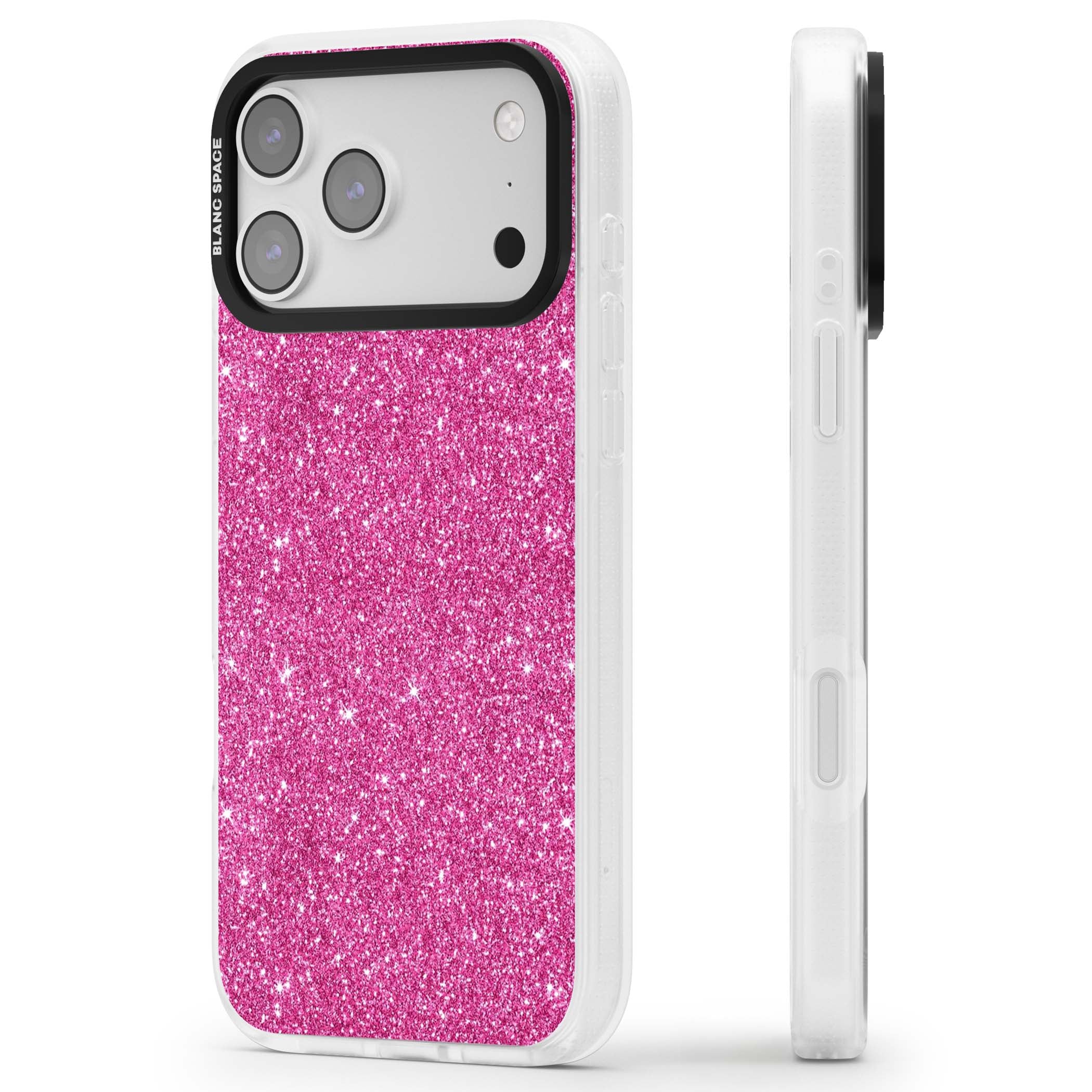 Pink Glitter Y2K iPhone case featuring hot pink glitter wallpaper with sparkle shimmer effect | Clear Case Impact Air case for iPhone 17 Pro, iPhone 17 Pro Max