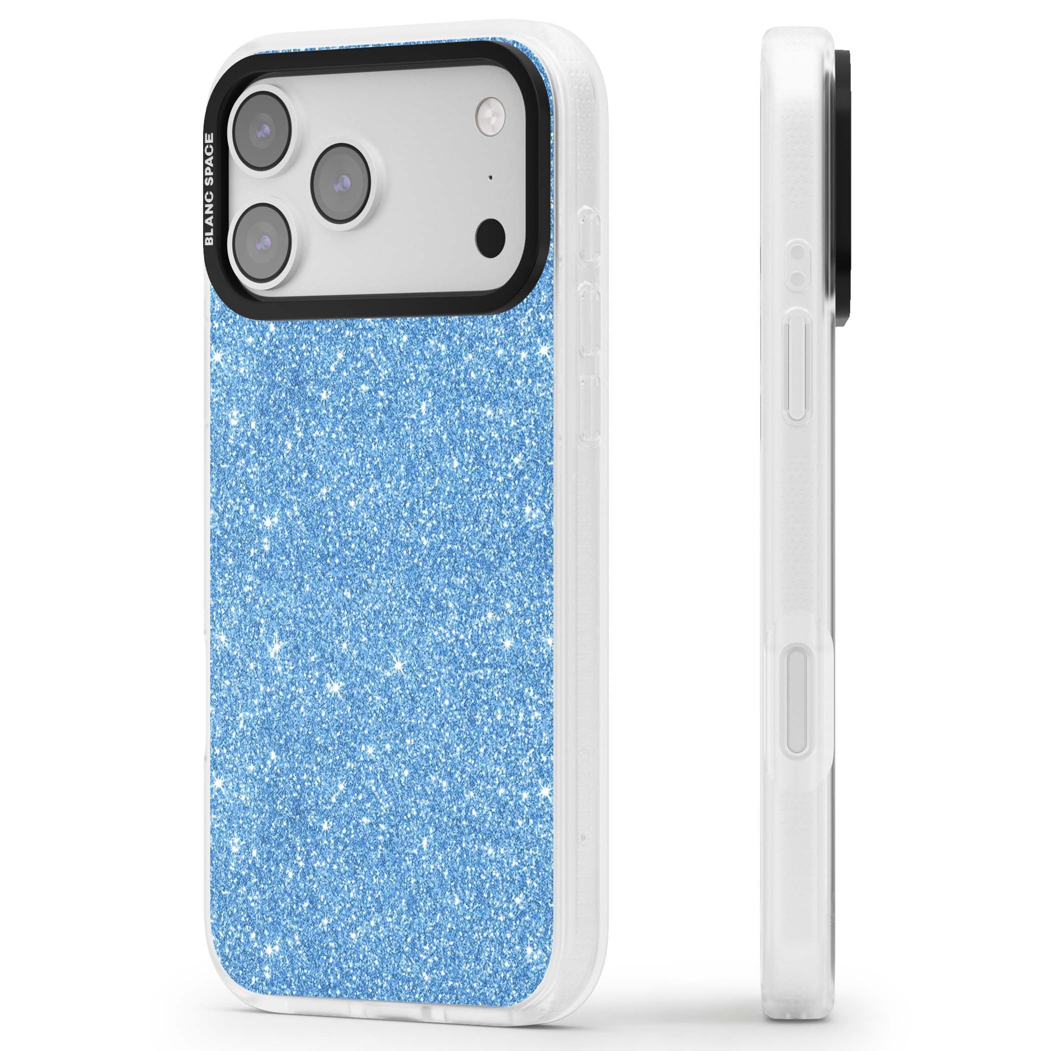 Blue Glitter blue glitter iPhone case featuring dense sparkling cerulean glitter with a glamorous shimmering finish | Clear Case Impact Air case for iPhone 17 Pro, iPhone 17 Pro Max