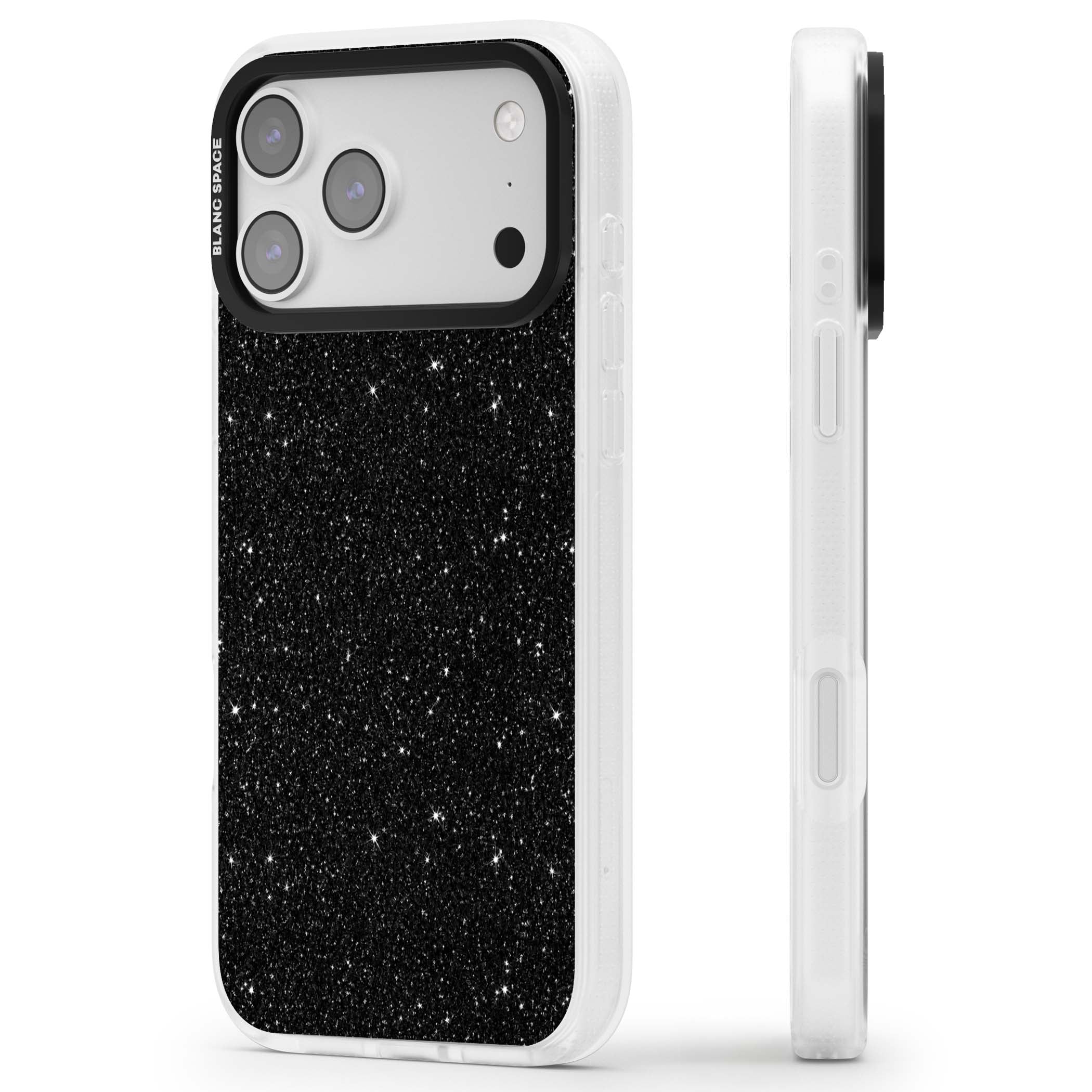 Black Glitter black glitter iPhone case featuring an all-over sparkly shimmer pattern on a jet black base | Clear Case Impact Air case for iPhone 17 Pro, iPhone 17 Pro Max