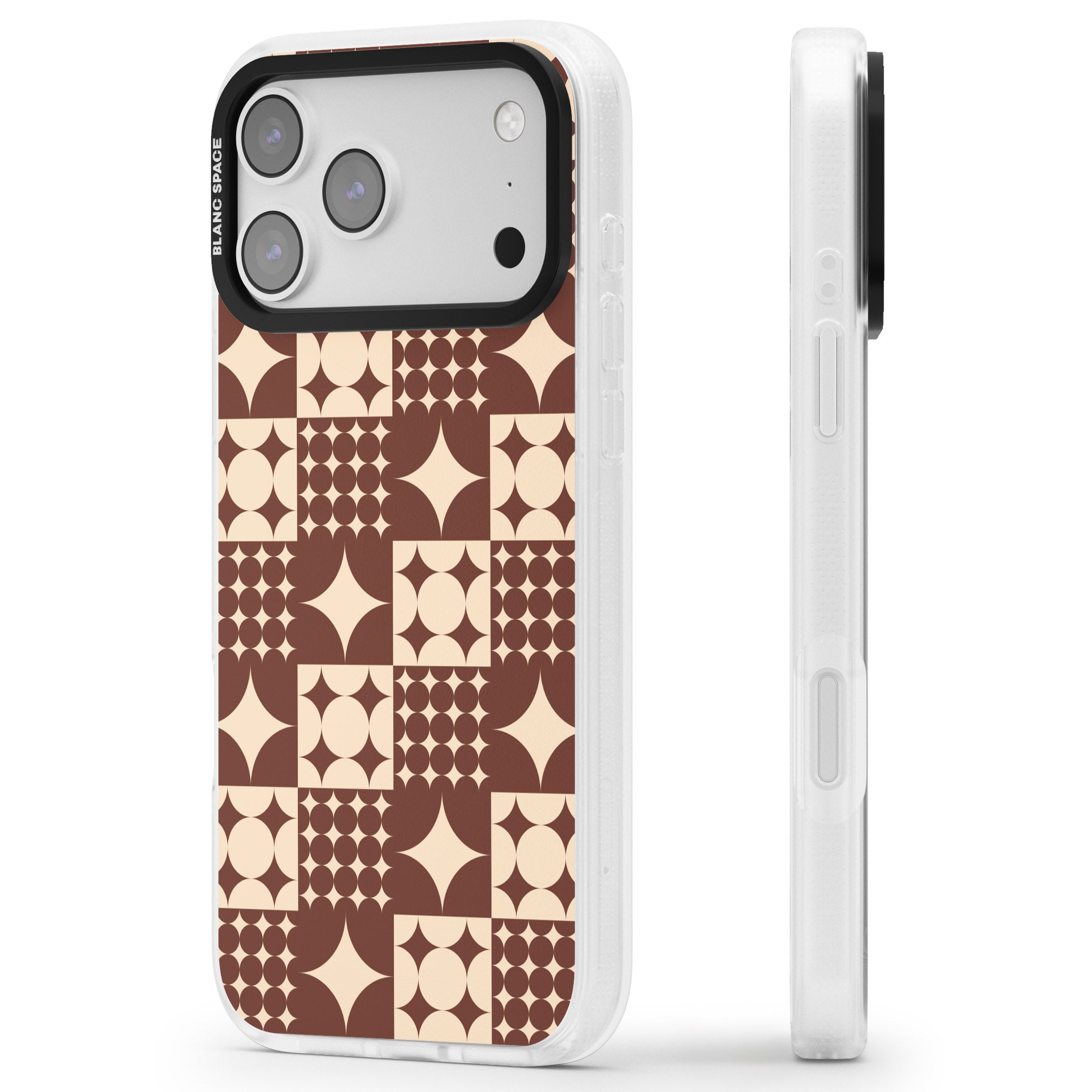 Mid Century Brown Checked iPhone 17 Pro Max Impact Air Clear Phone Case Side Profile