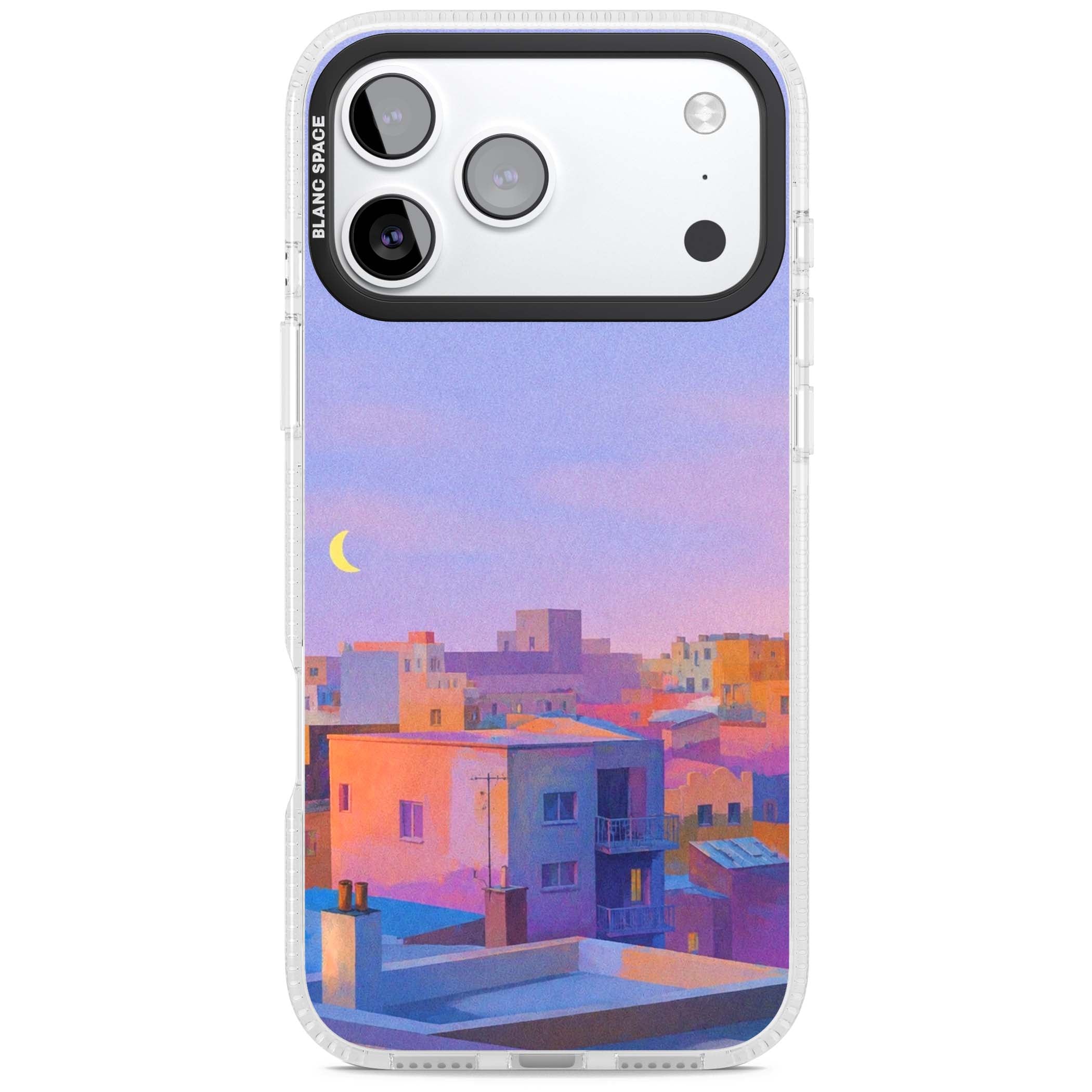Twilight Rooftops vaporwave iPhone case featuring a pastel sunset cityscape, painted rooftops and a crescent moon. | Clear Case Impact Air case for iPhone 17 Pro, iPhone 17 Pro Max