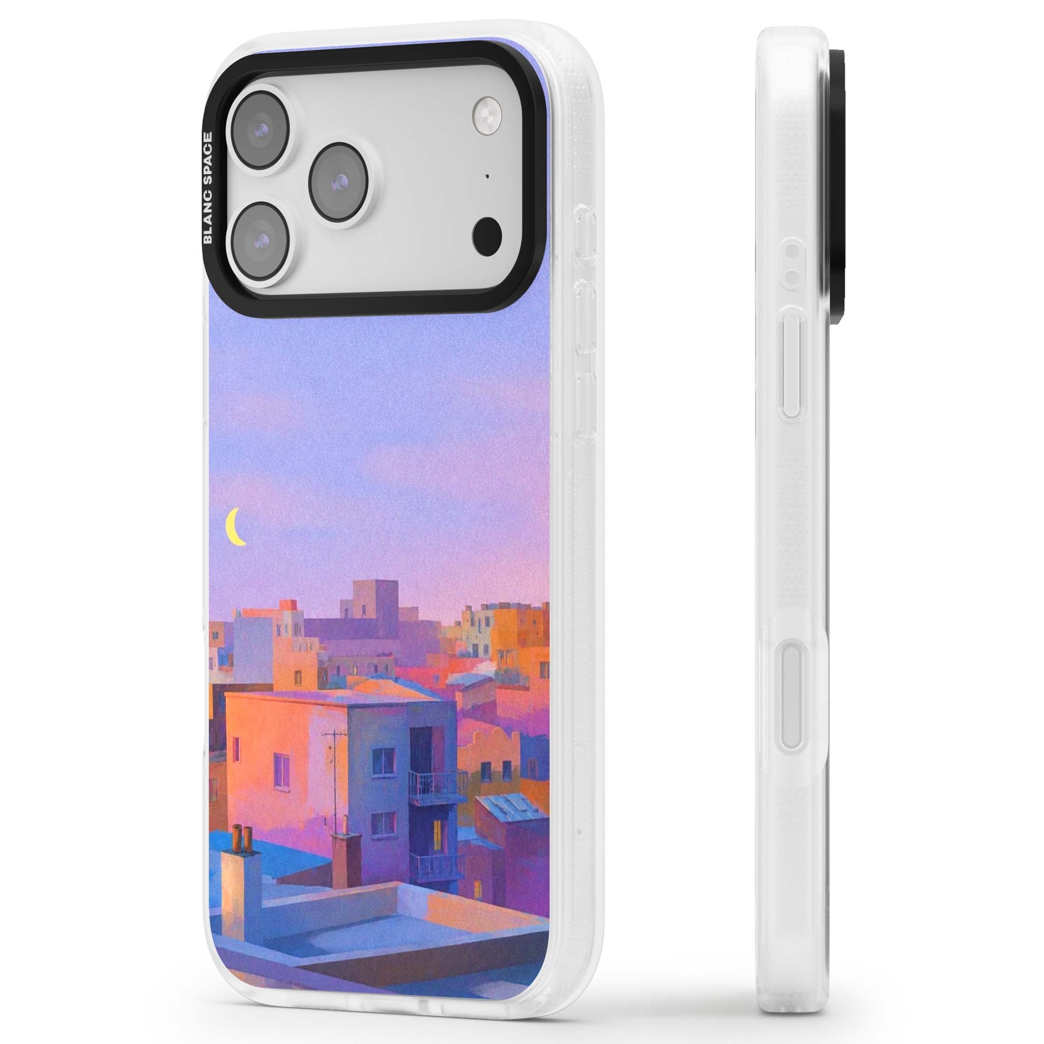 Twilight Rooftops vaporwave iPhone case featuring a pastel sunset cityscape, painted rooftops and a crescent moon. | Clear Case Impact Air case for iPhone 17 Pro, iPhone 17 Pro Max